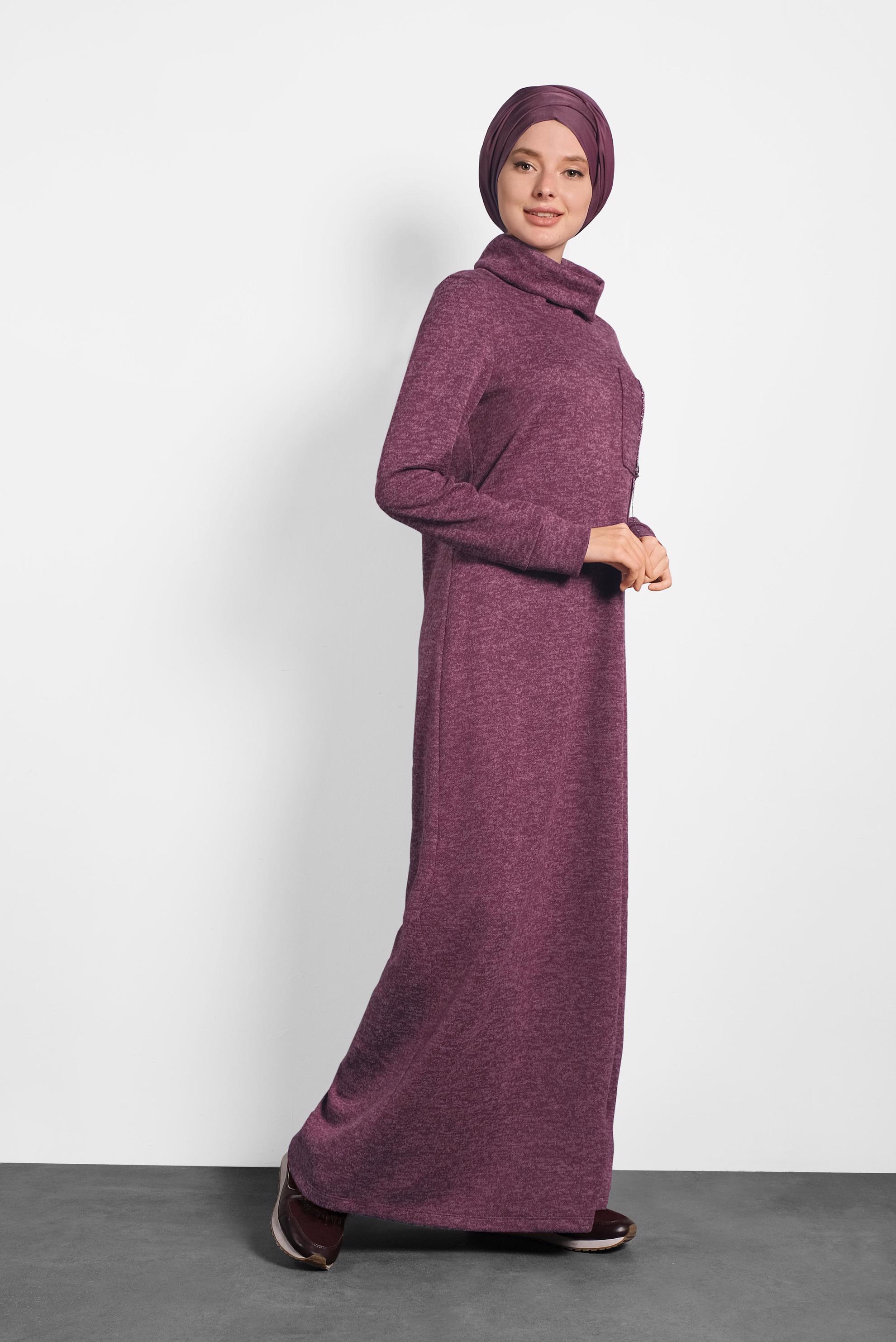 Tesettür giyim BORDO BOĞAZLI TRİKO ELBİSE 40397 