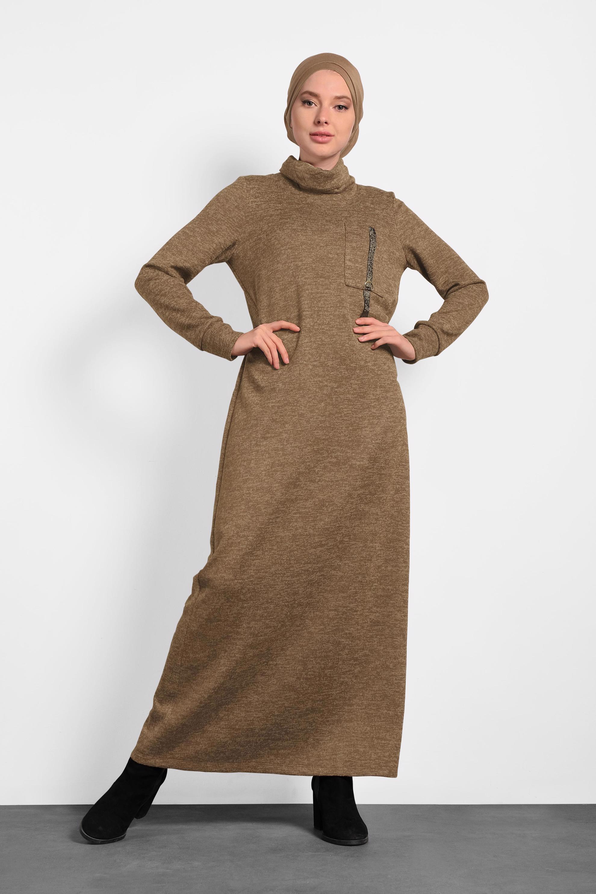 Tesettür giyim KAHVE BOĞAZLI TRİKO ELBİSE 40397 