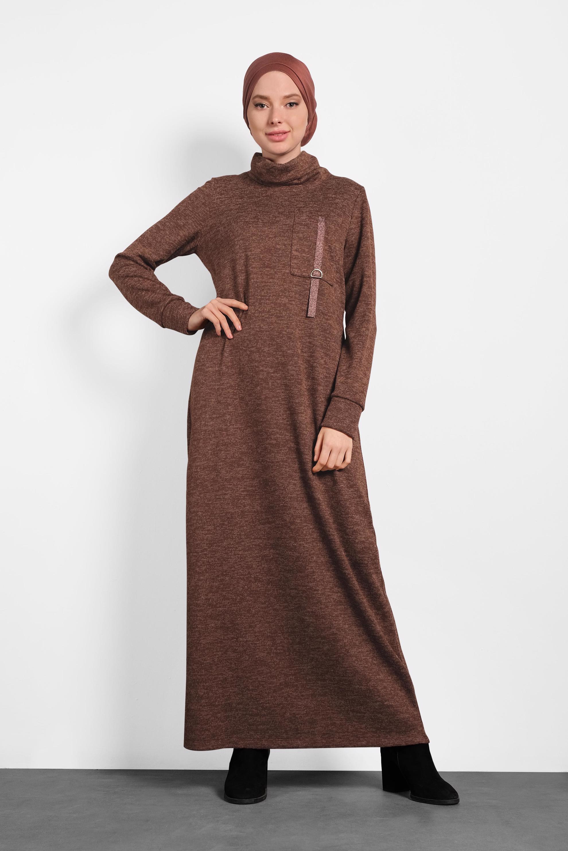 Tesettür giyim TURUNCU BOĞAZLI TRİKO ELBİSE 40397 