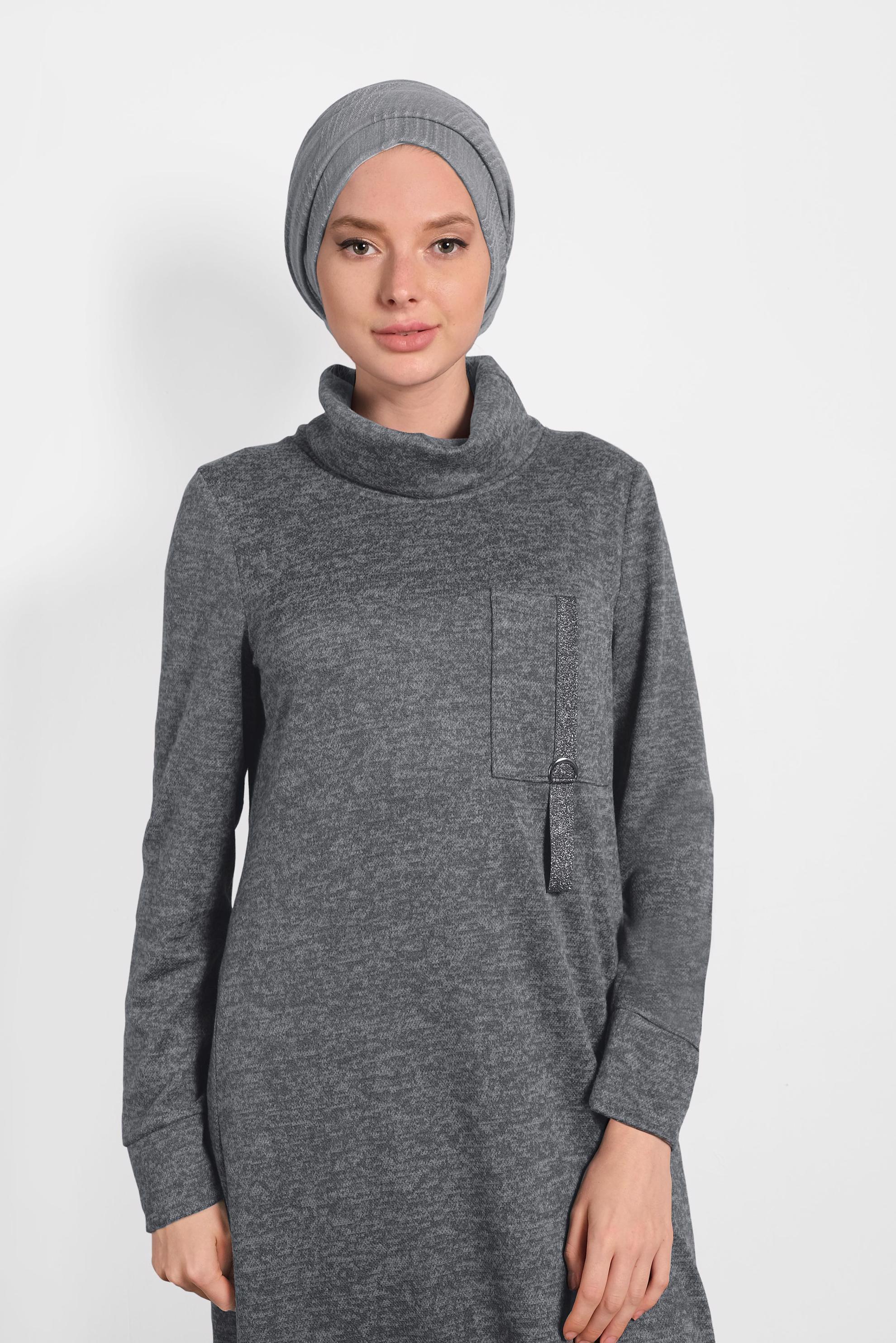 Tesettür giyim GRİ BOĞAZLI TRİKO ELBİSE 40397 