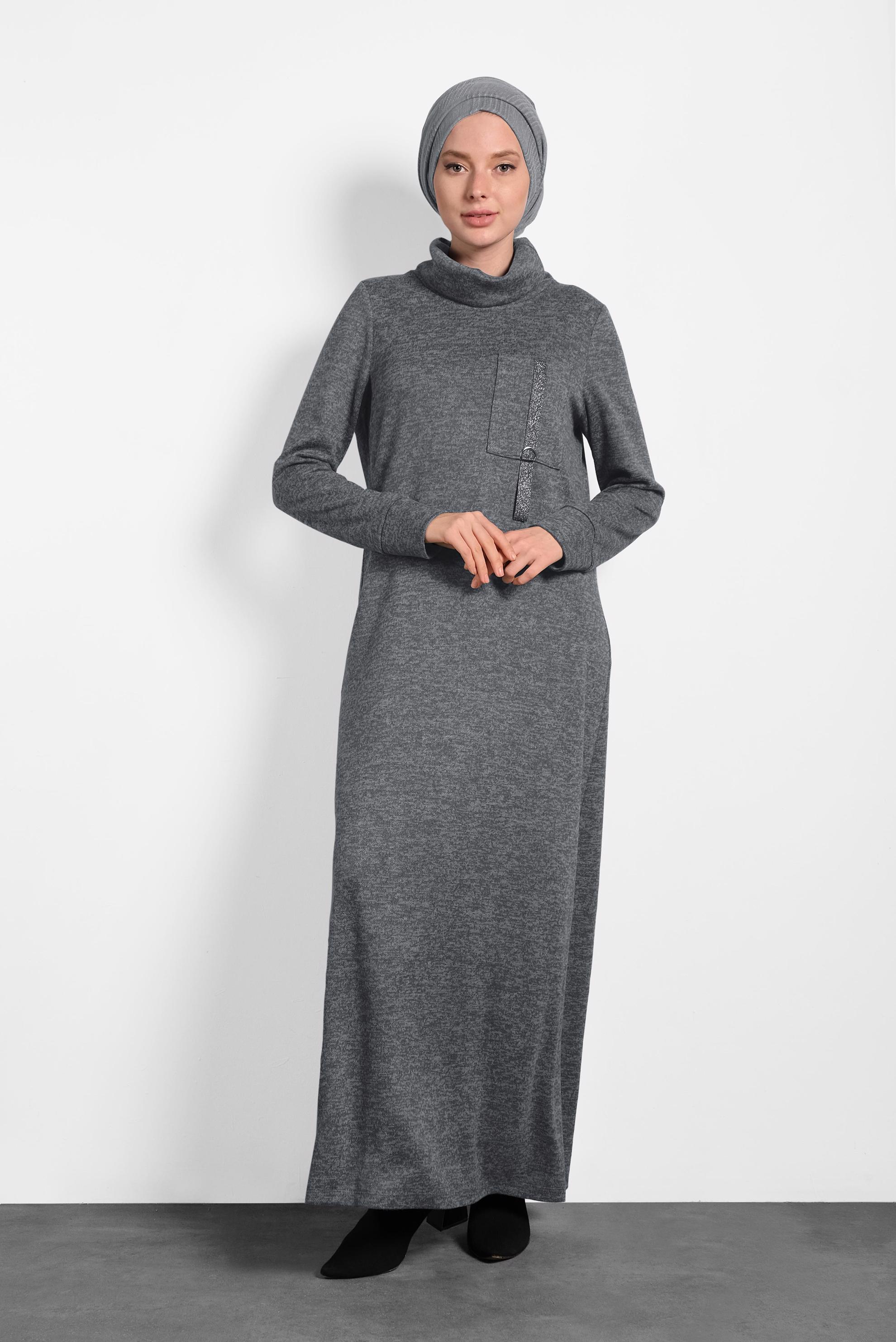 Tesettür giyim GRİ BOĞAZLI TRİKO ELBİSE 40397 