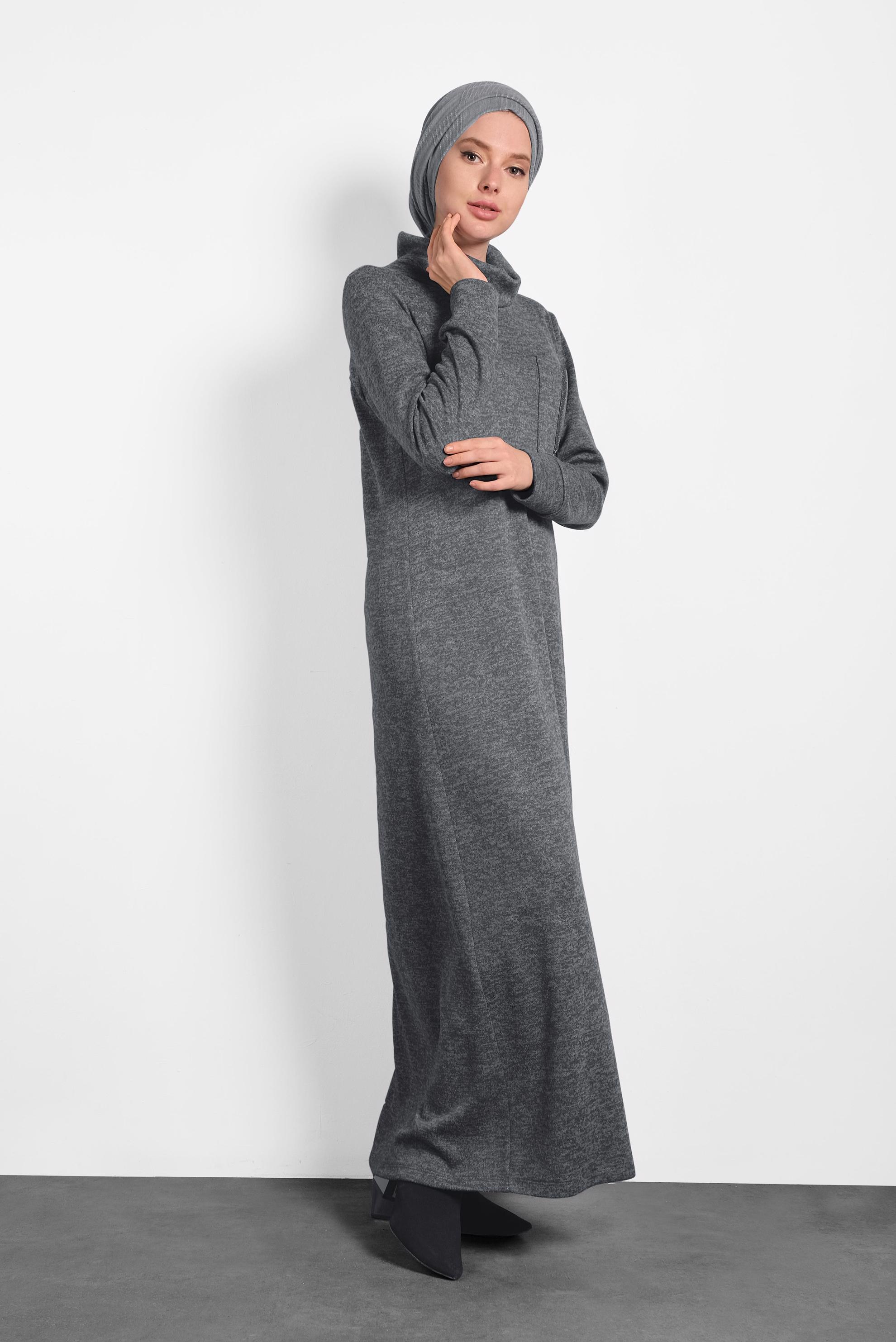 Tesettür giyim GRİ BOĞAZLI TRİKO ELBİSE 40397 