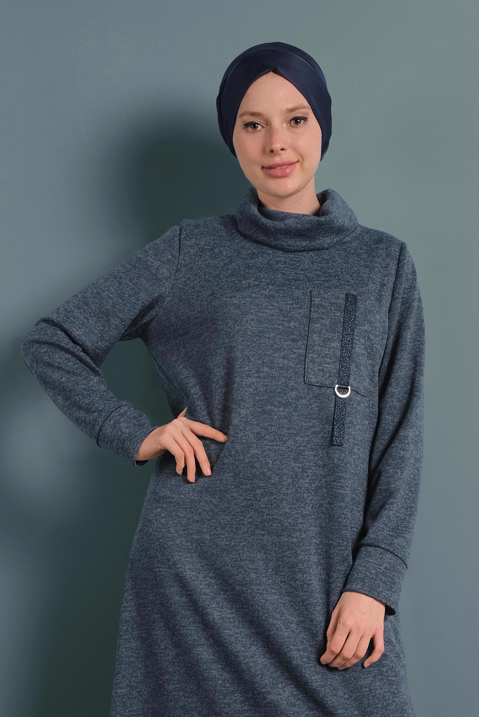 Tesettür giyim LACİVERT BOĞAZLI TRİKO ELBİSE 40397 