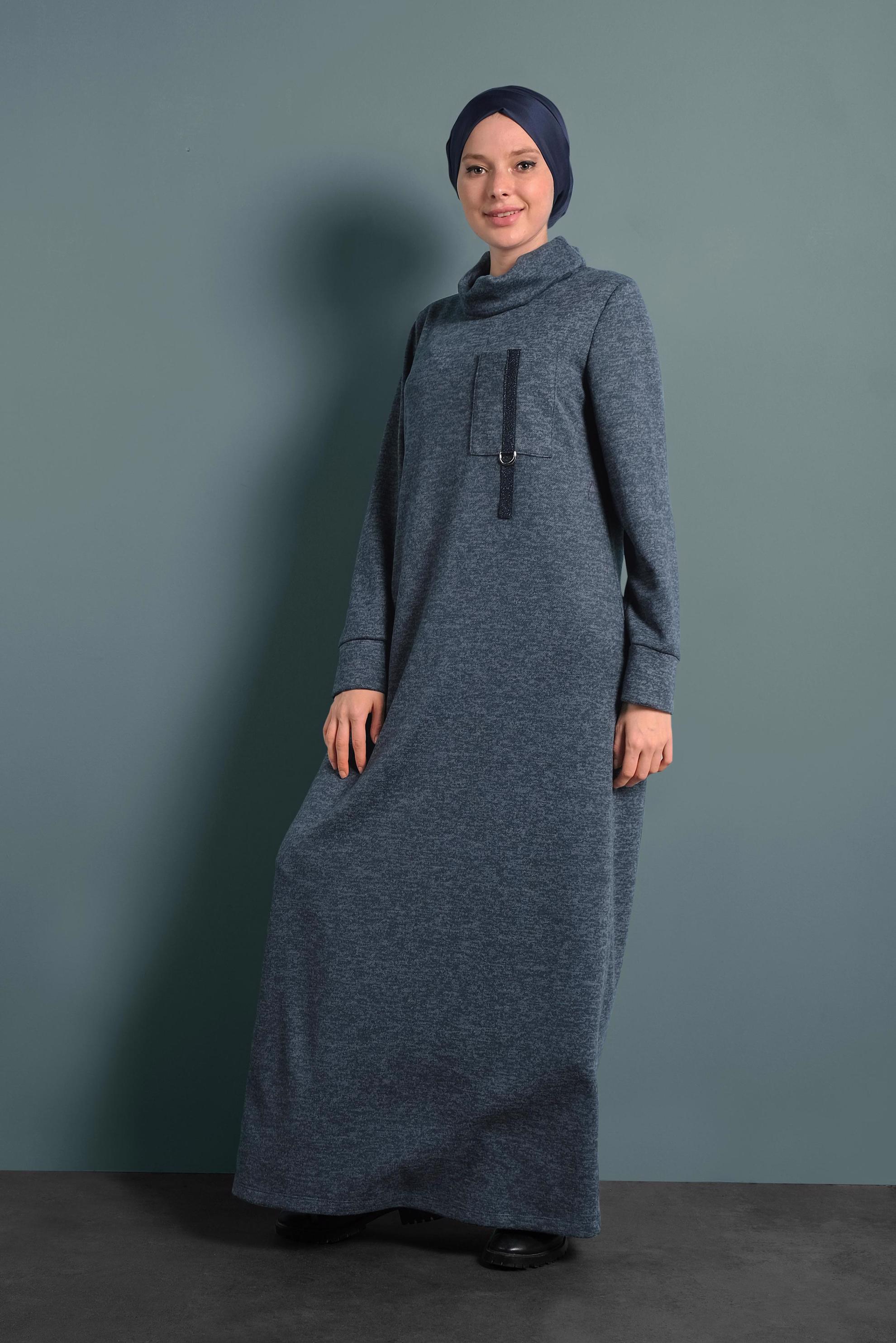 Tesettür giyim LACİVERT BOĞAZLI TRİKO ELBİSE 40397 