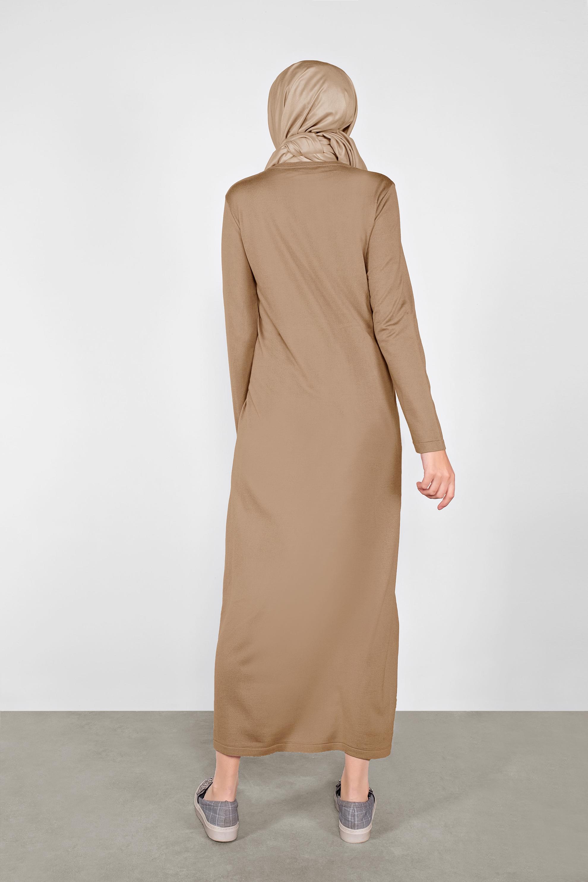 Tesettür giyim KAHVE BÜZGÜLÜ TRİKO ELBİSE 41029 