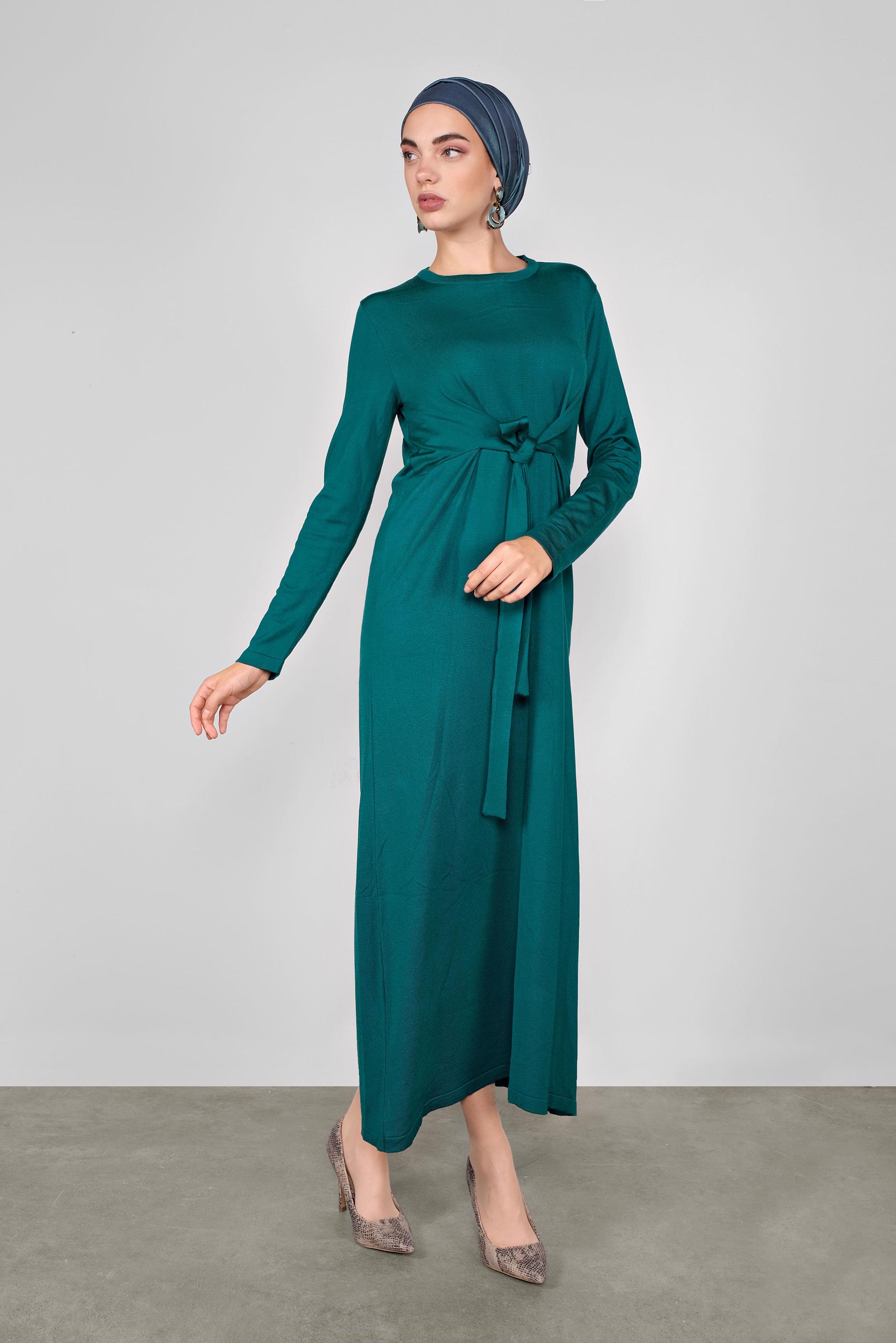 Tesettür giyim MAVİ BÜZGÜLÜ TRİKO ELBİSE 41029 