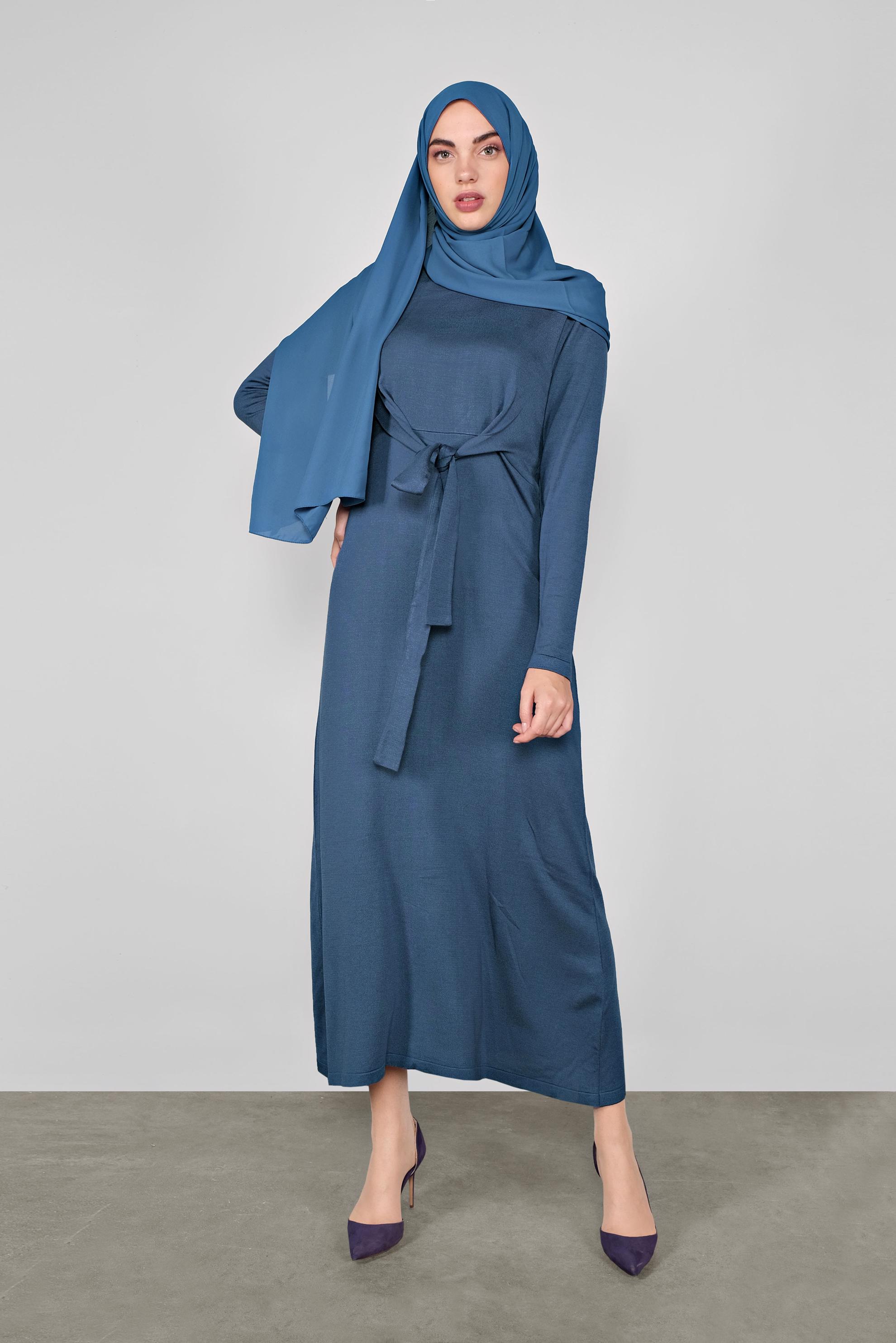 Tesettür giyim LACİVERT BÜZGÜLÜ TRİKO ELBİSE 41029 