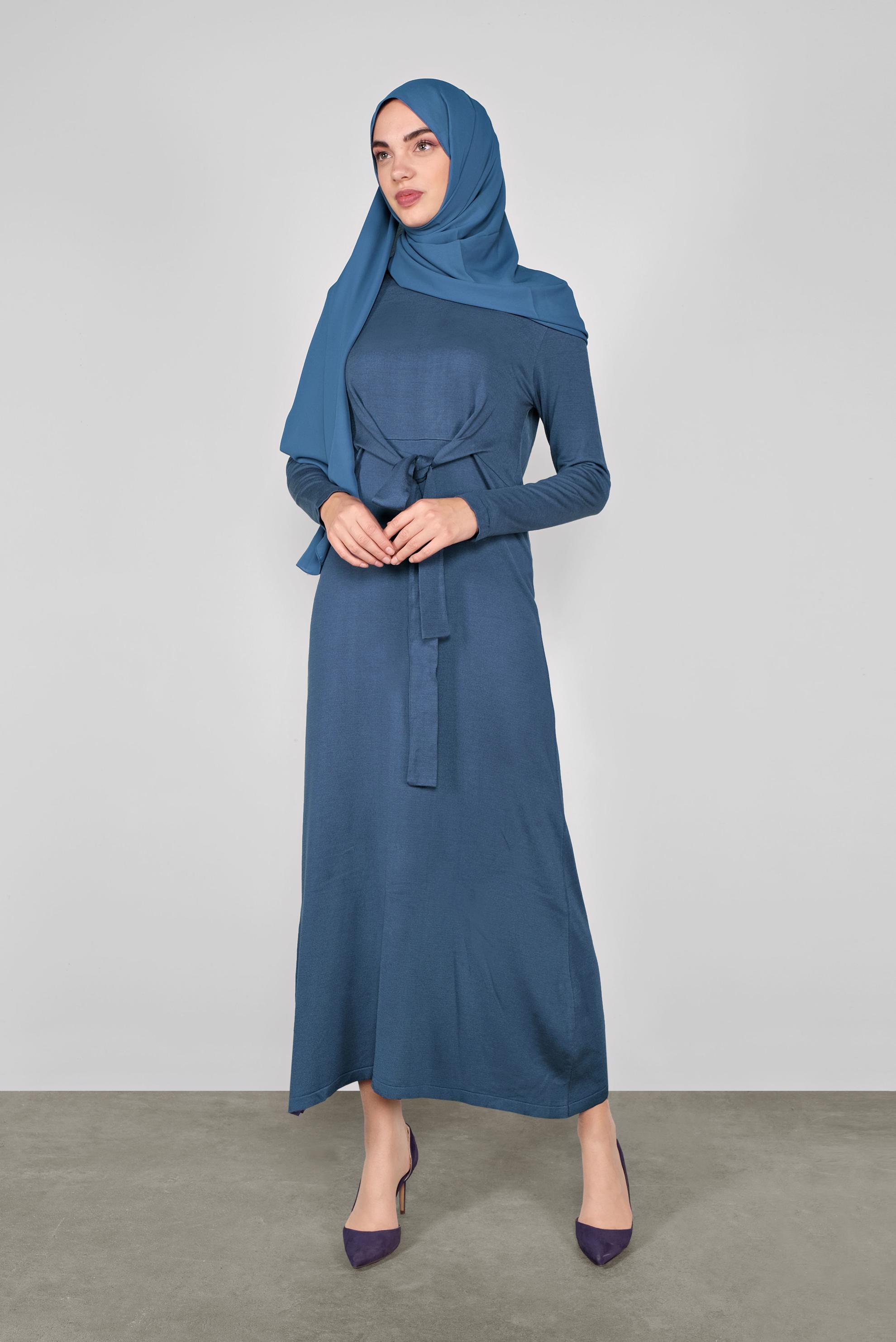 Tesettür giyim LACİVERT BÜZGÜLÜ TRİKO ELBİSE 41029 