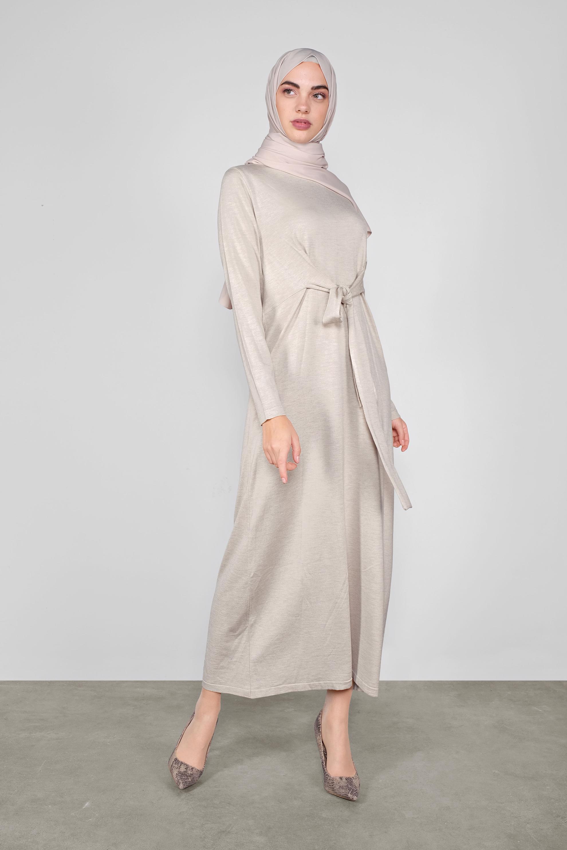 Tesettür giyim BEJ BÜZGÜLÜ TRİKO ELBİSE 41029 