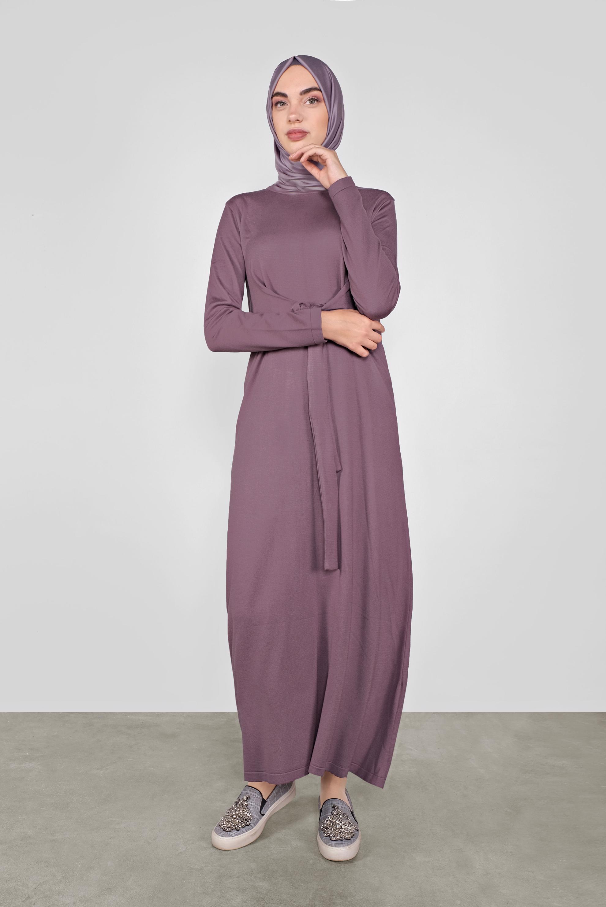 Tesettür giyim MOR BÜZGÜLÜ TRİKO ELBİSE 41029 