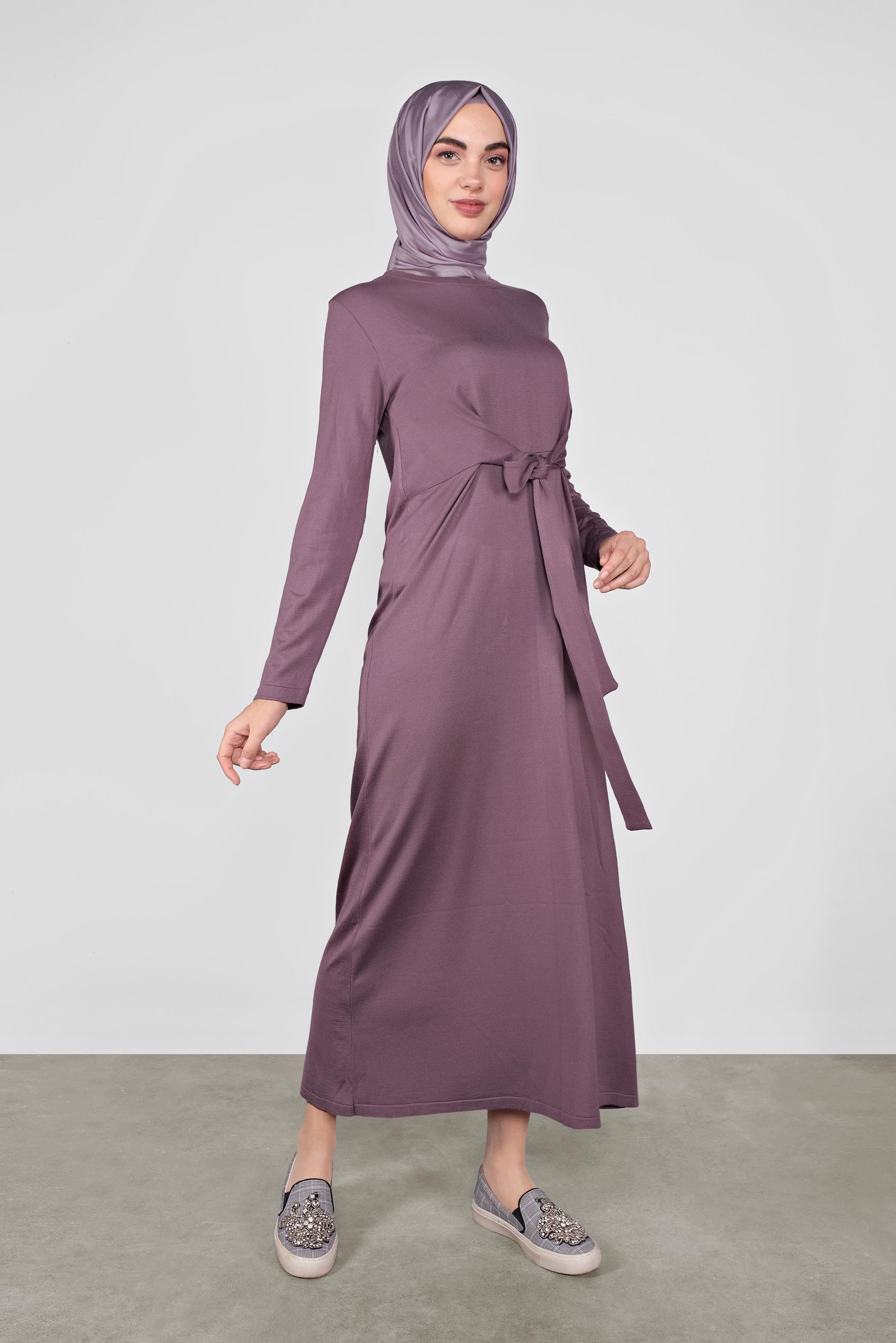Tesettür giyim MOR BÜZGÜLÜ TRİKO ELBİSE 41029 