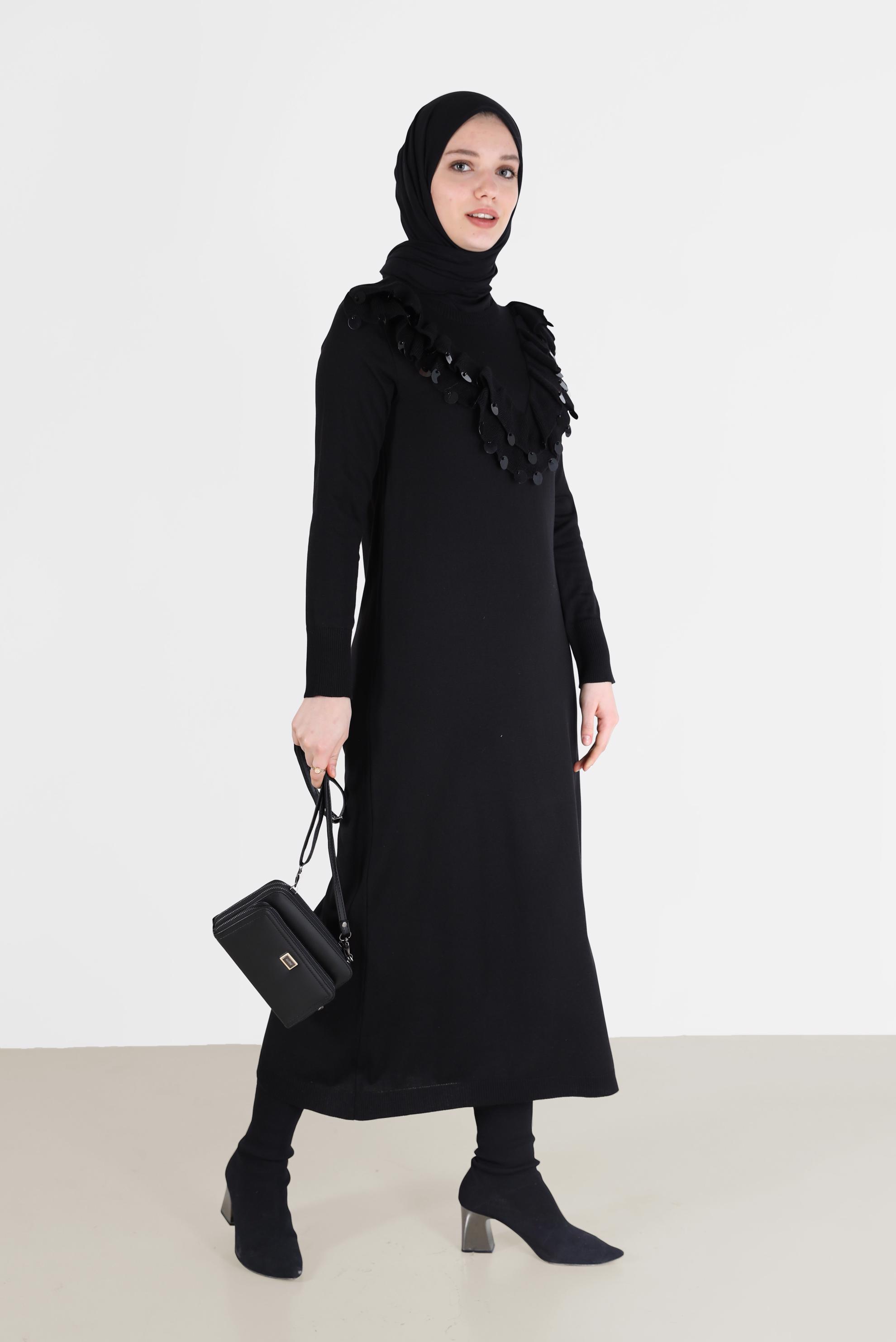 Tesettür giyim SİYAH PUL DETAYLI TRİKO ELBİSE 41030