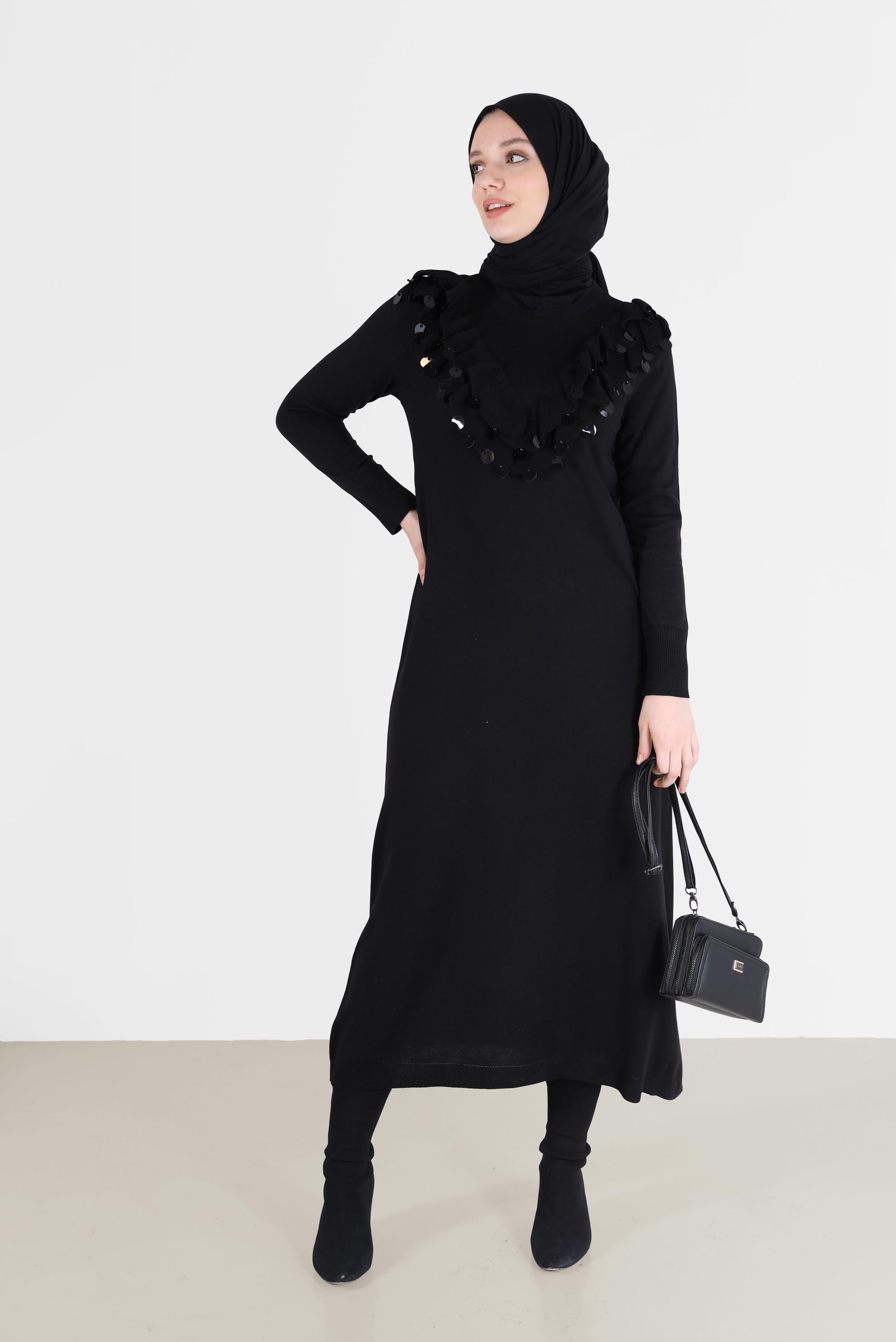 Tesettür giyim SİYAH PUL DETAYLI TRİKO ELBİSE 41030