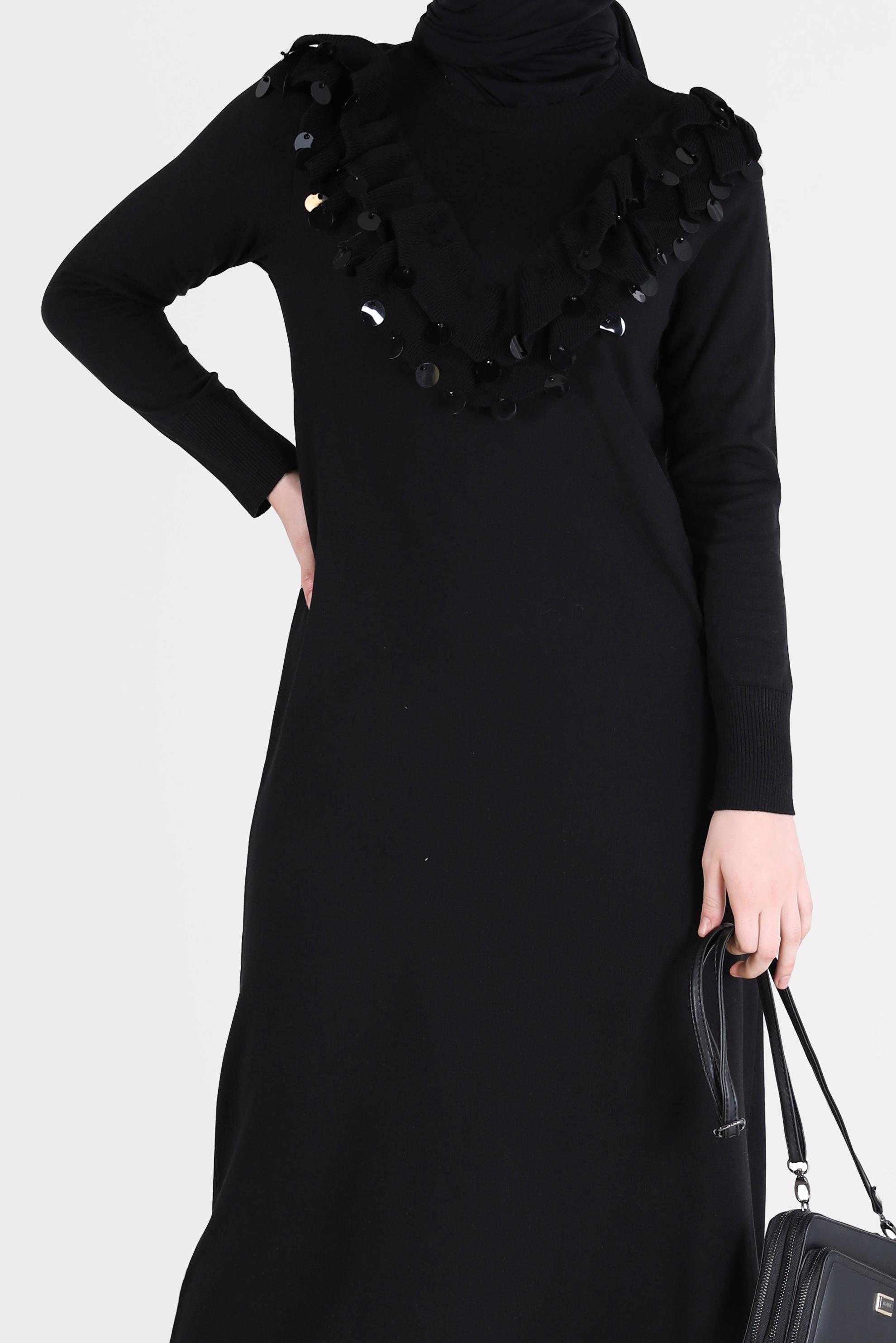 Tesettür giyim SİYAH PUL DETAYLI TRİKO ELBİSE 41030