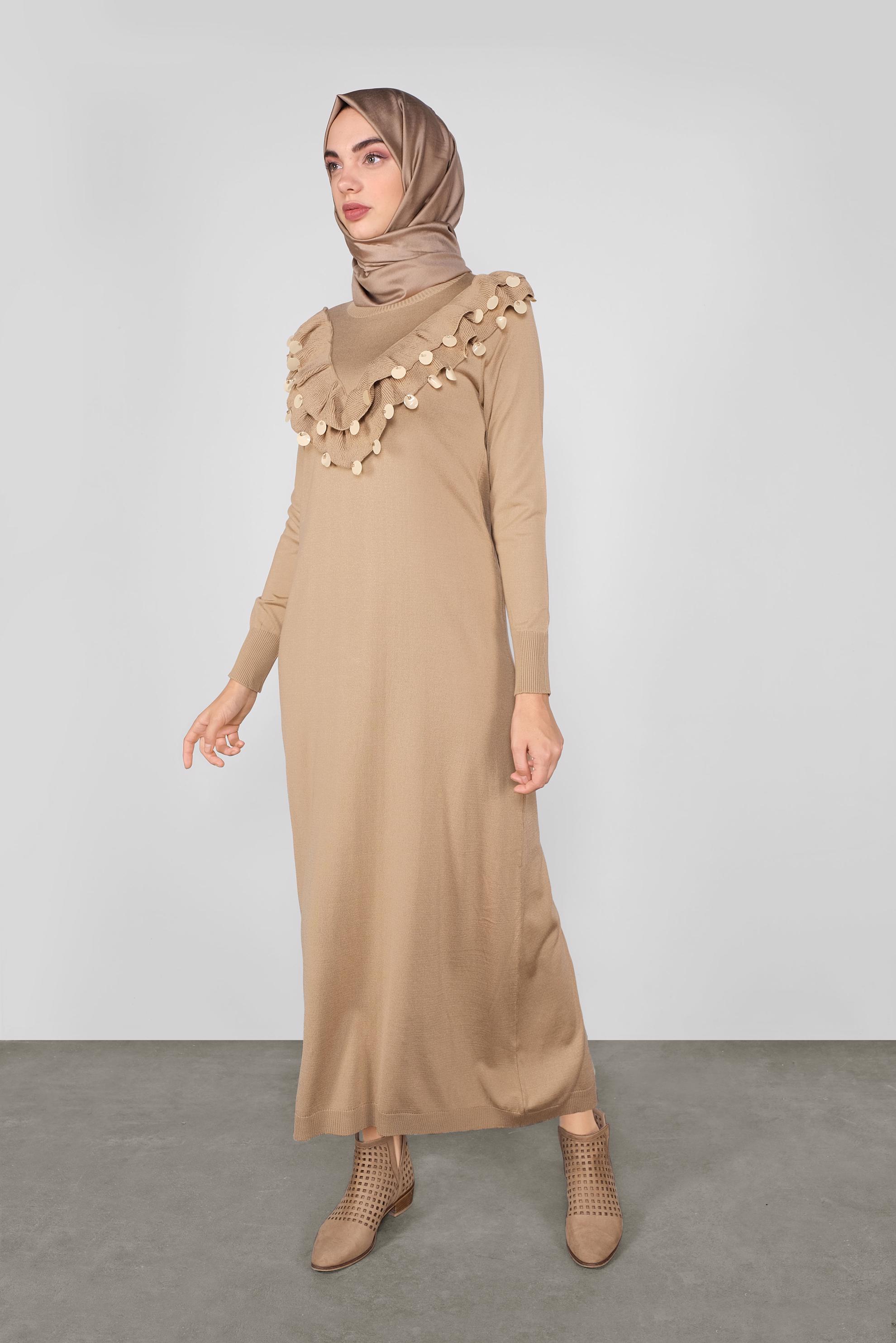 Tesettür giyim KAHVE PUL DETAYLI TRİKO ELBİSE 41030
