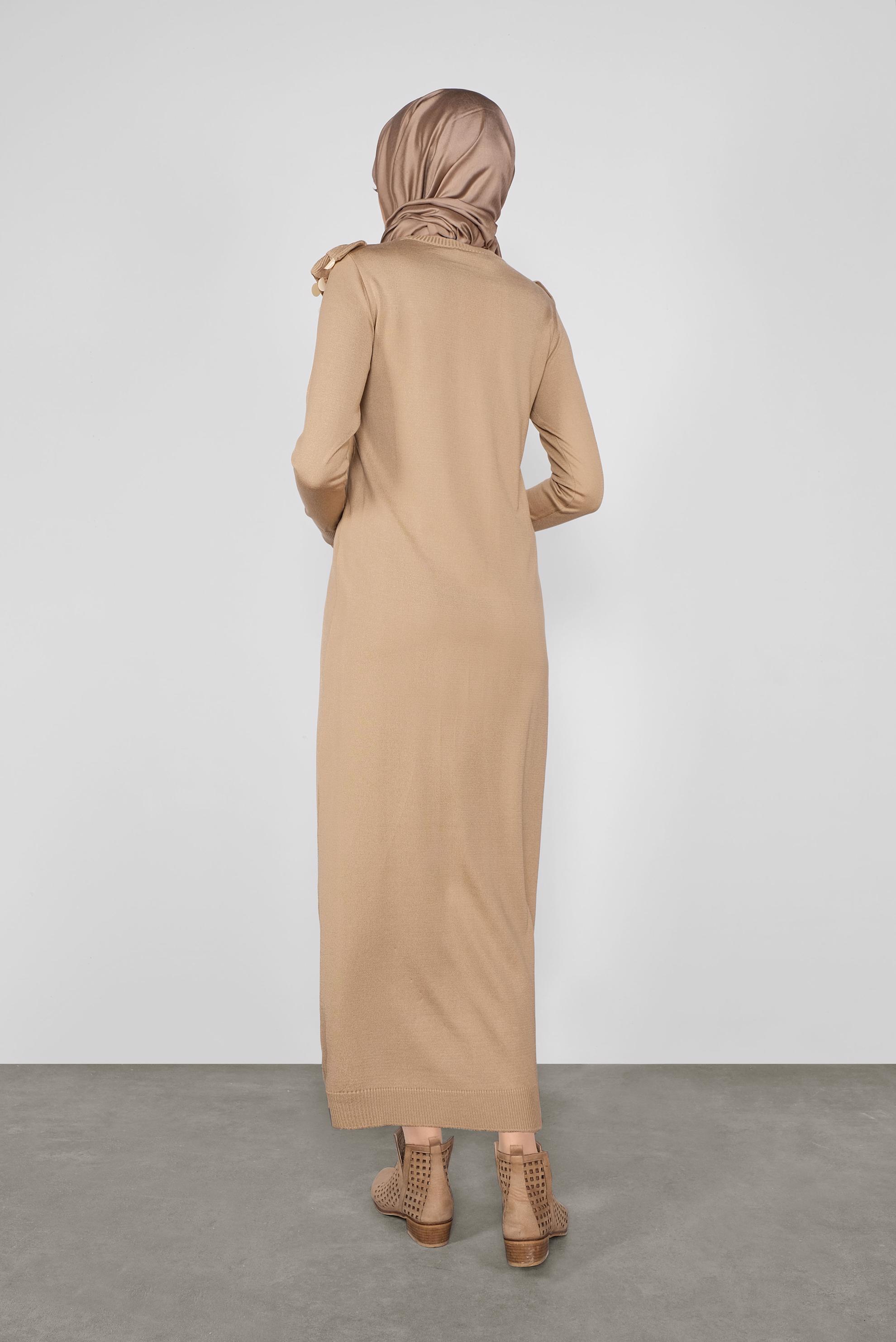 Tesettür giyim KAHVE PUL DETAYLI TRİKO ELBİSE 41030