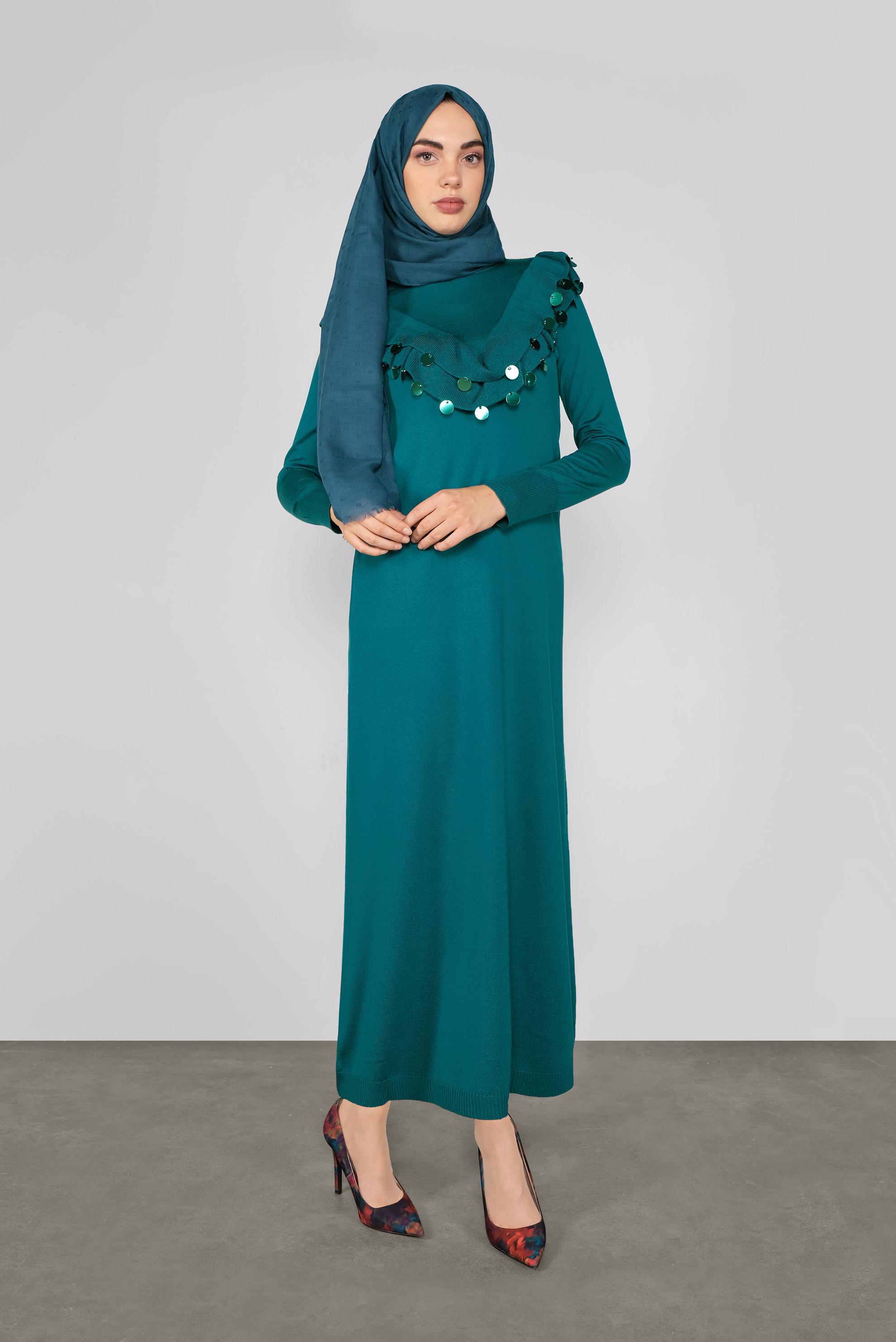 Tesettür giyim MAVİ PUL DETAYLI TRİKO ELBİSE 41030