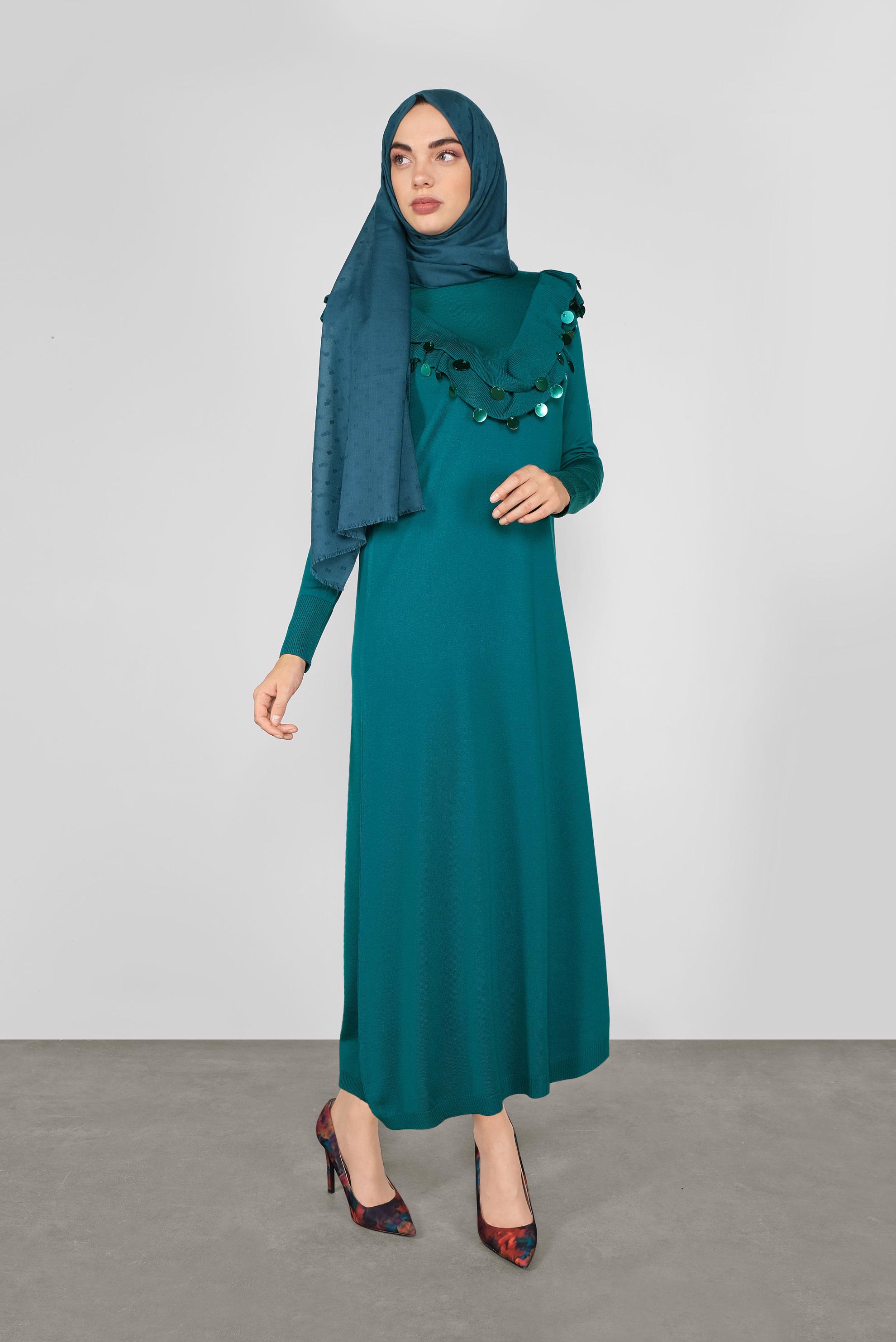 Tesettür giyim MAVİ PUL DETAYLI TRİKO ELBİSE 41030