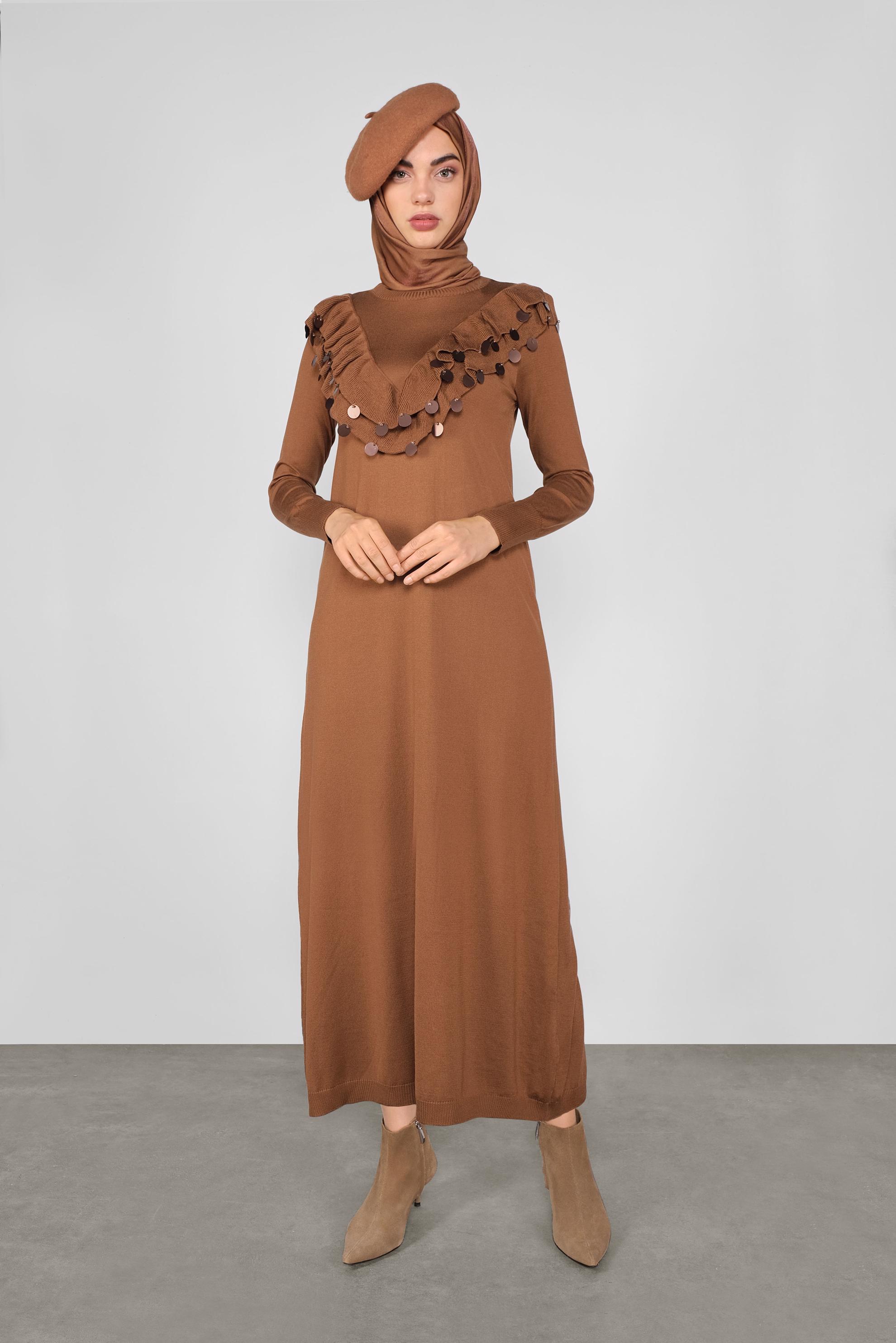 Tesettür giyim TABA PUL DETAYLI TRİKO ELBİSE 41030