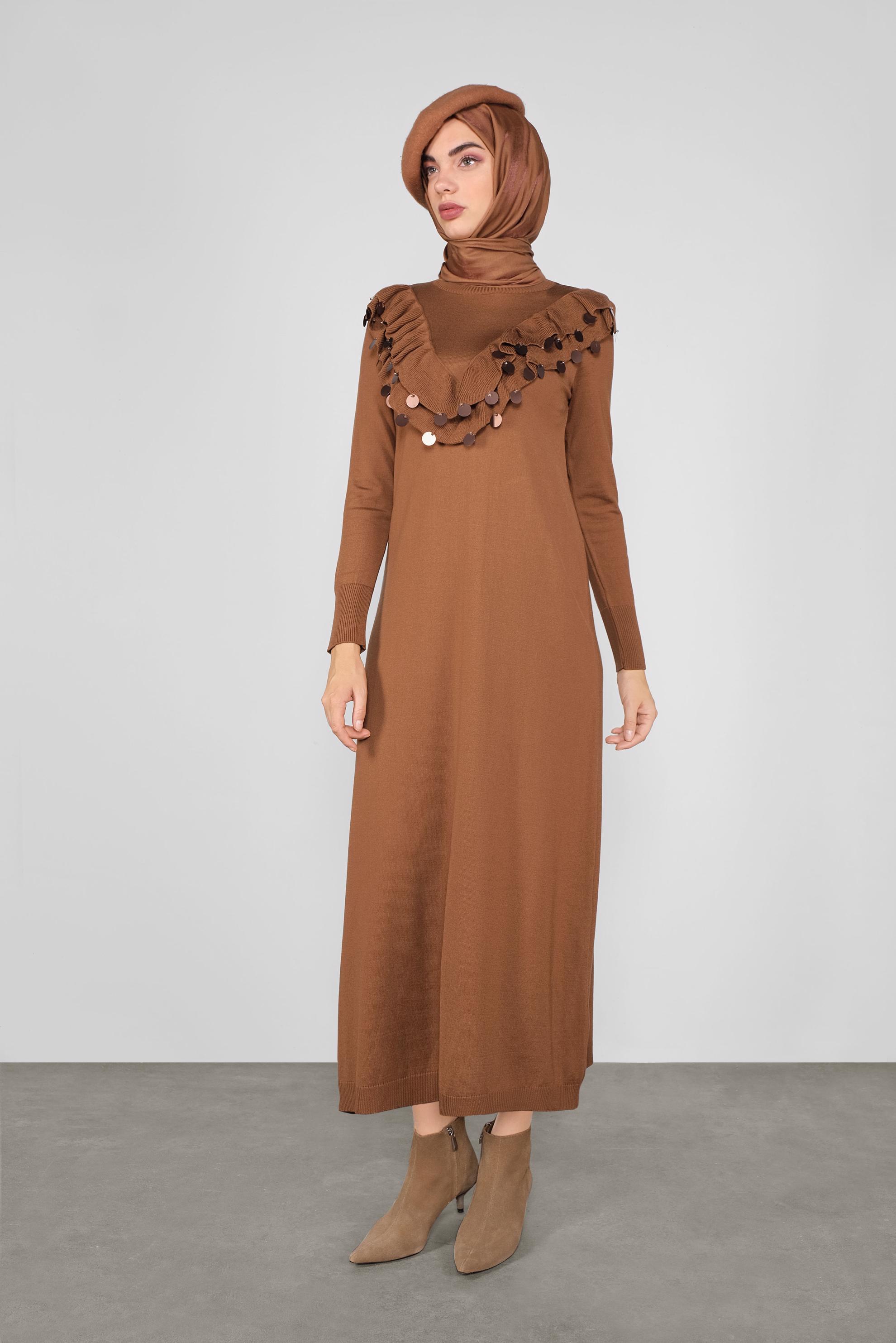 Tesettür giyim TABA PUL DETAYLI TRİKO ELBİSE 41030