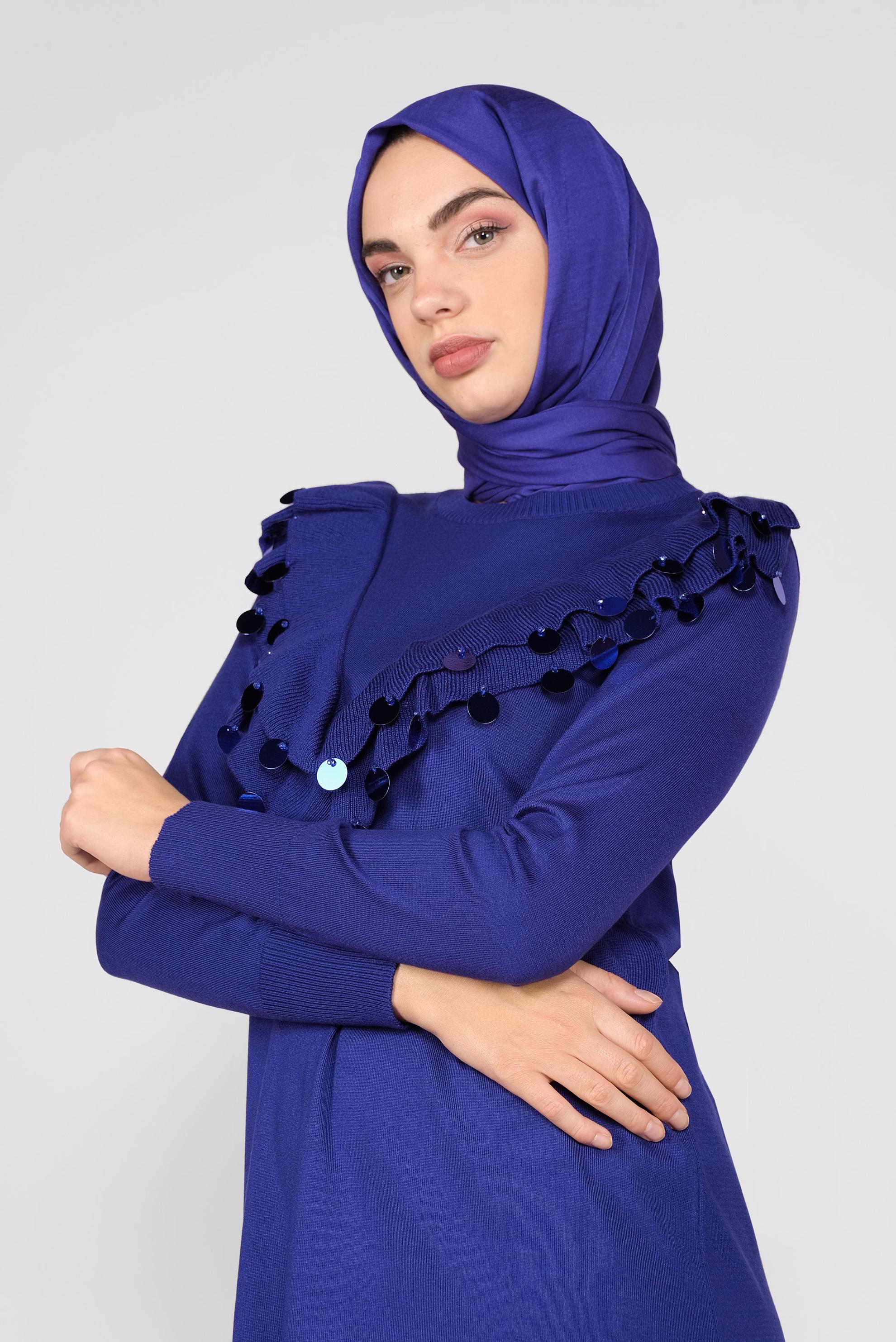 Tesettür giyim LACİVERT PUL DETAYLI TRİKO ELBİSE 41030