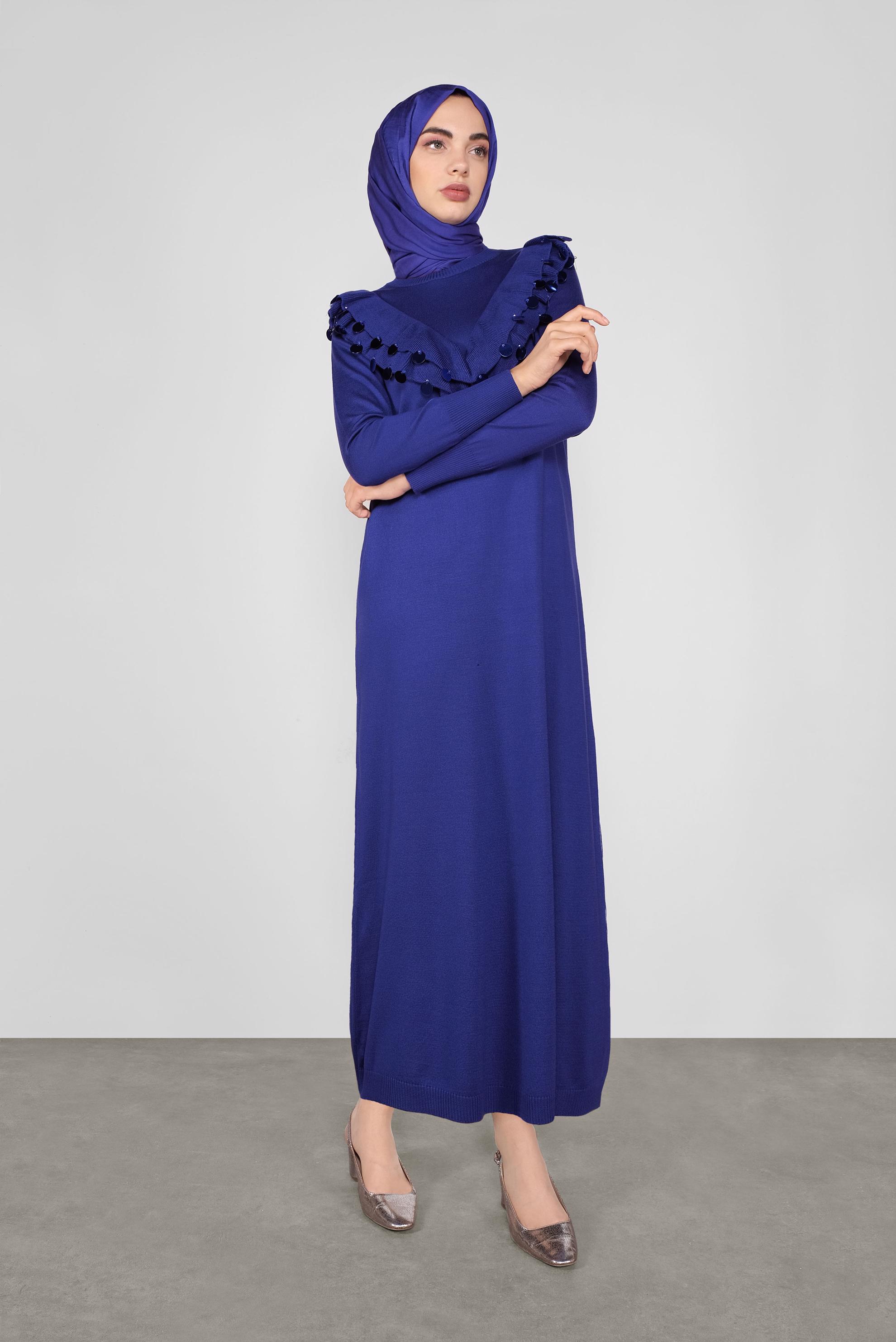 Tesettür giyim LACİVERT PUL DETAYLI TRİKO ELBİSE 41030