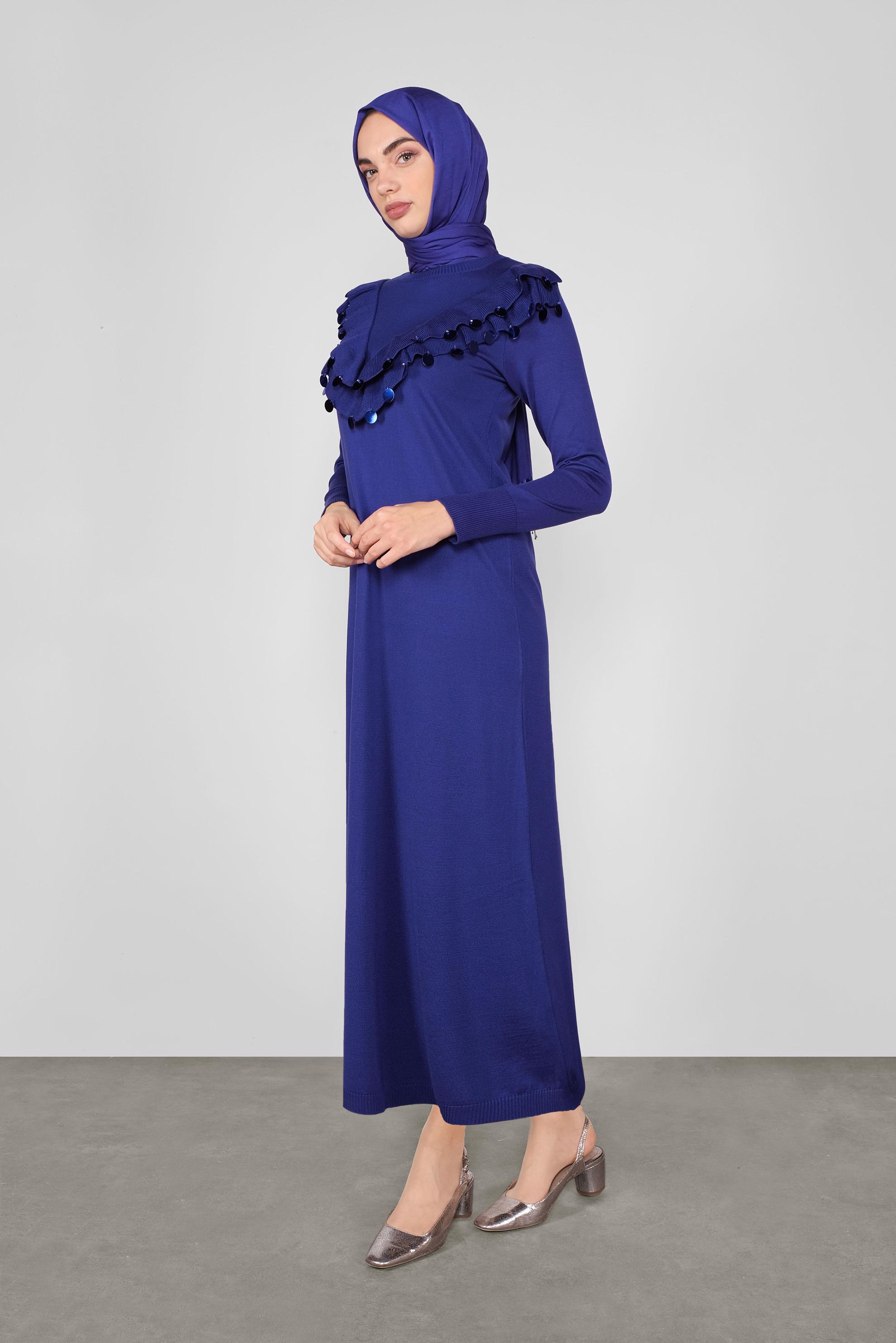 Tesettür giyim LACİVERT PUL DETAYLI TRİKO ELBİSE 41030