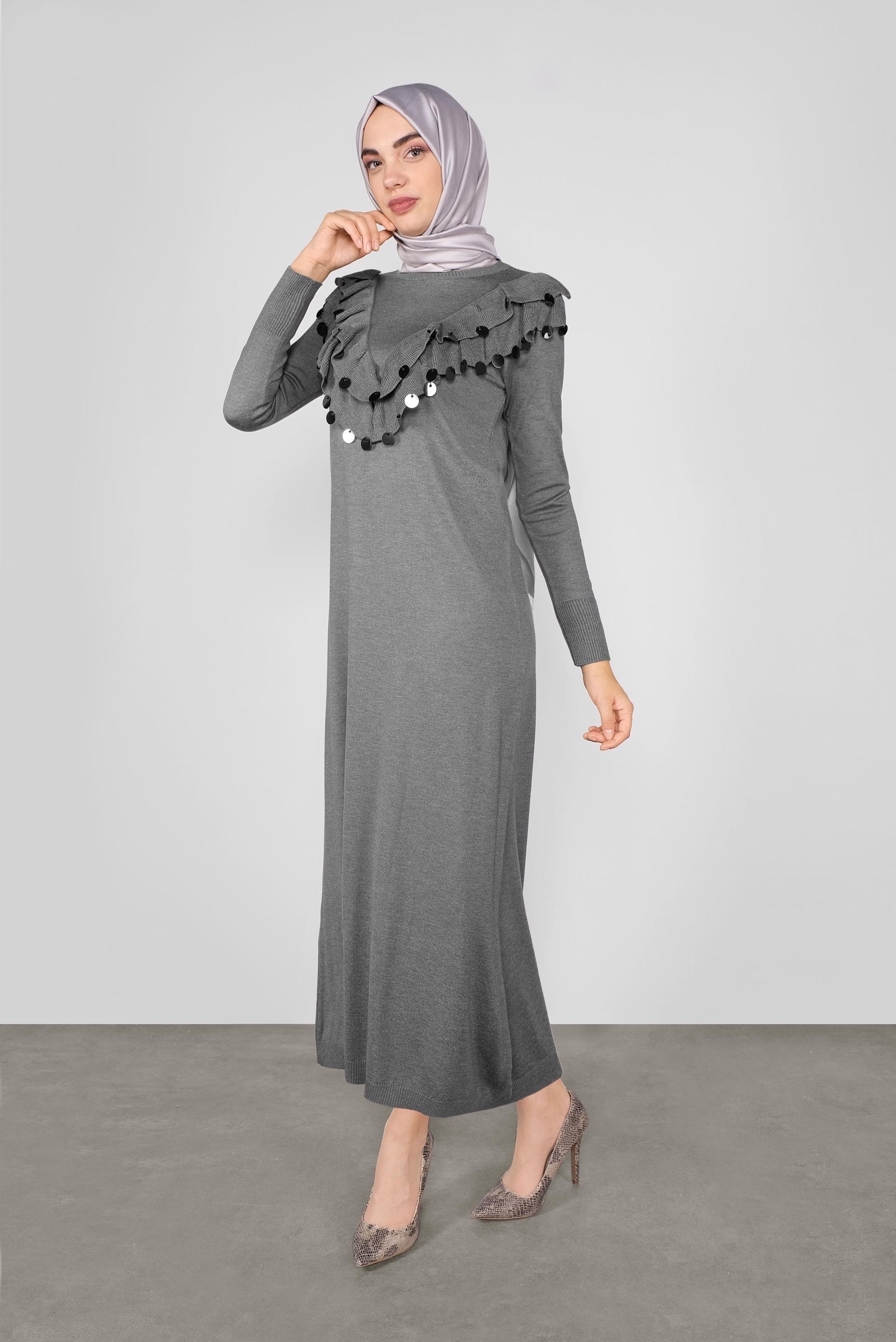 Tesettür giyim GRİ PUL DETAYLI TRİKO ELBİSE 41030
