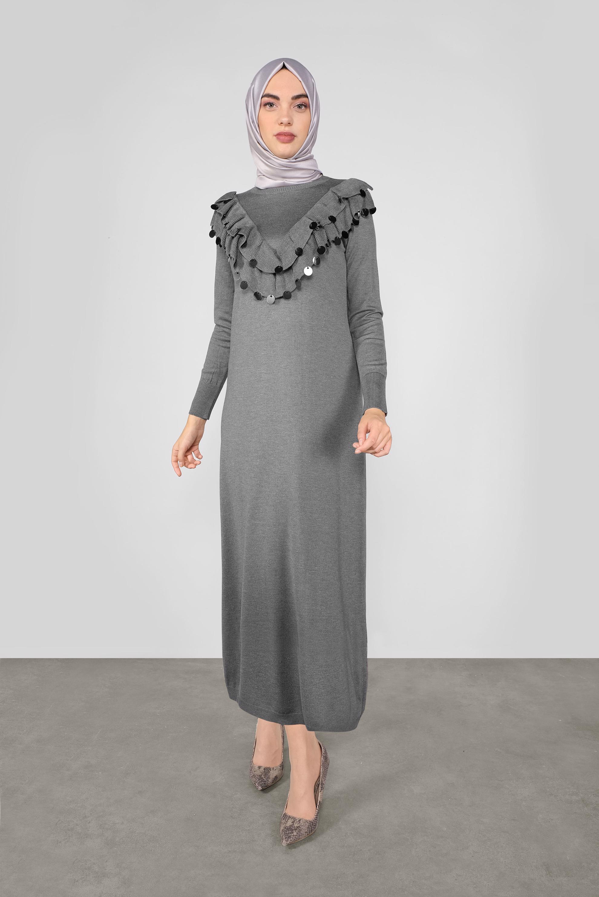 Tesettür giyim GRİ PUL DETAYLI TRİKO ELBİSE 41030