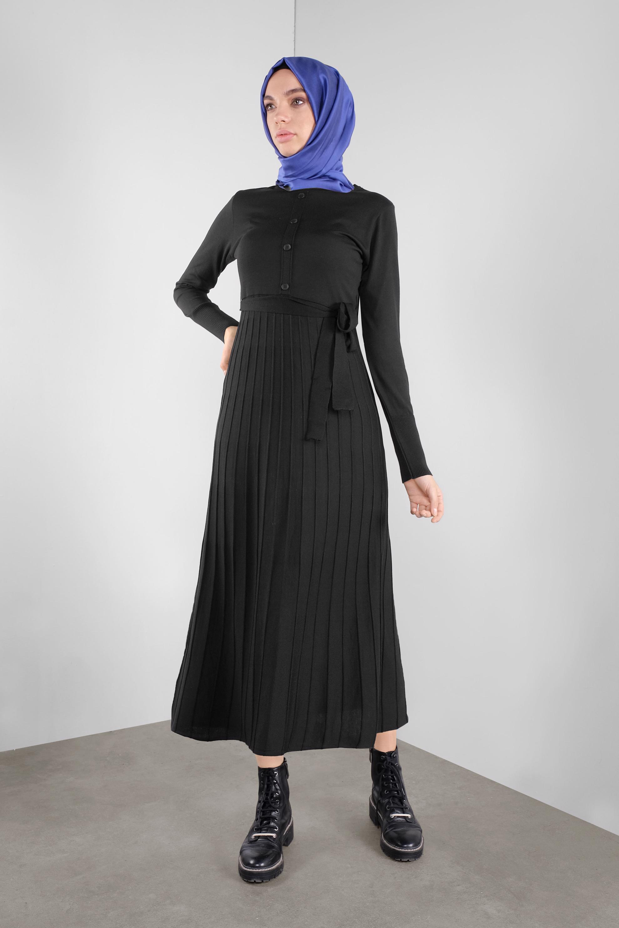 Tesettür giyim SİYAH PİLİSELİ TRİKO ELBİSE 41031