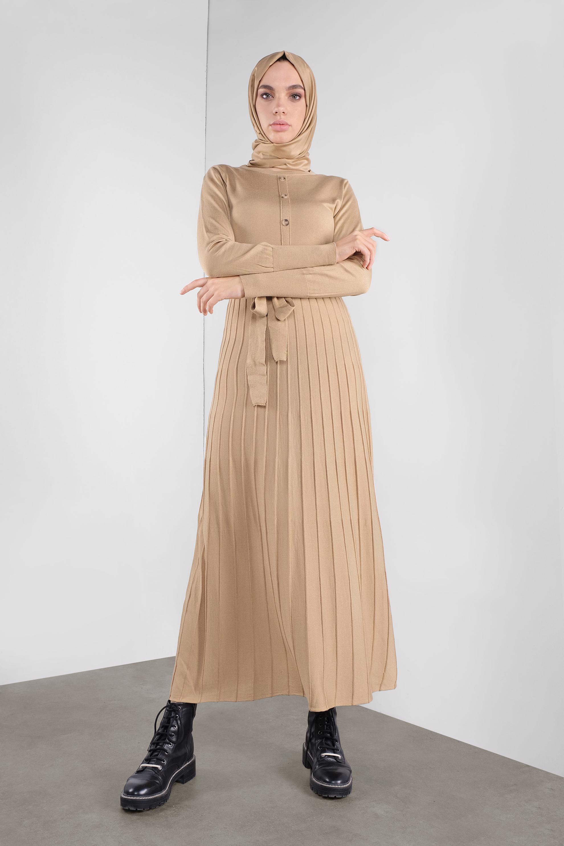 Tesettür giyim KAHVE PİLİSELİ TRİKO ELBİSE 41031