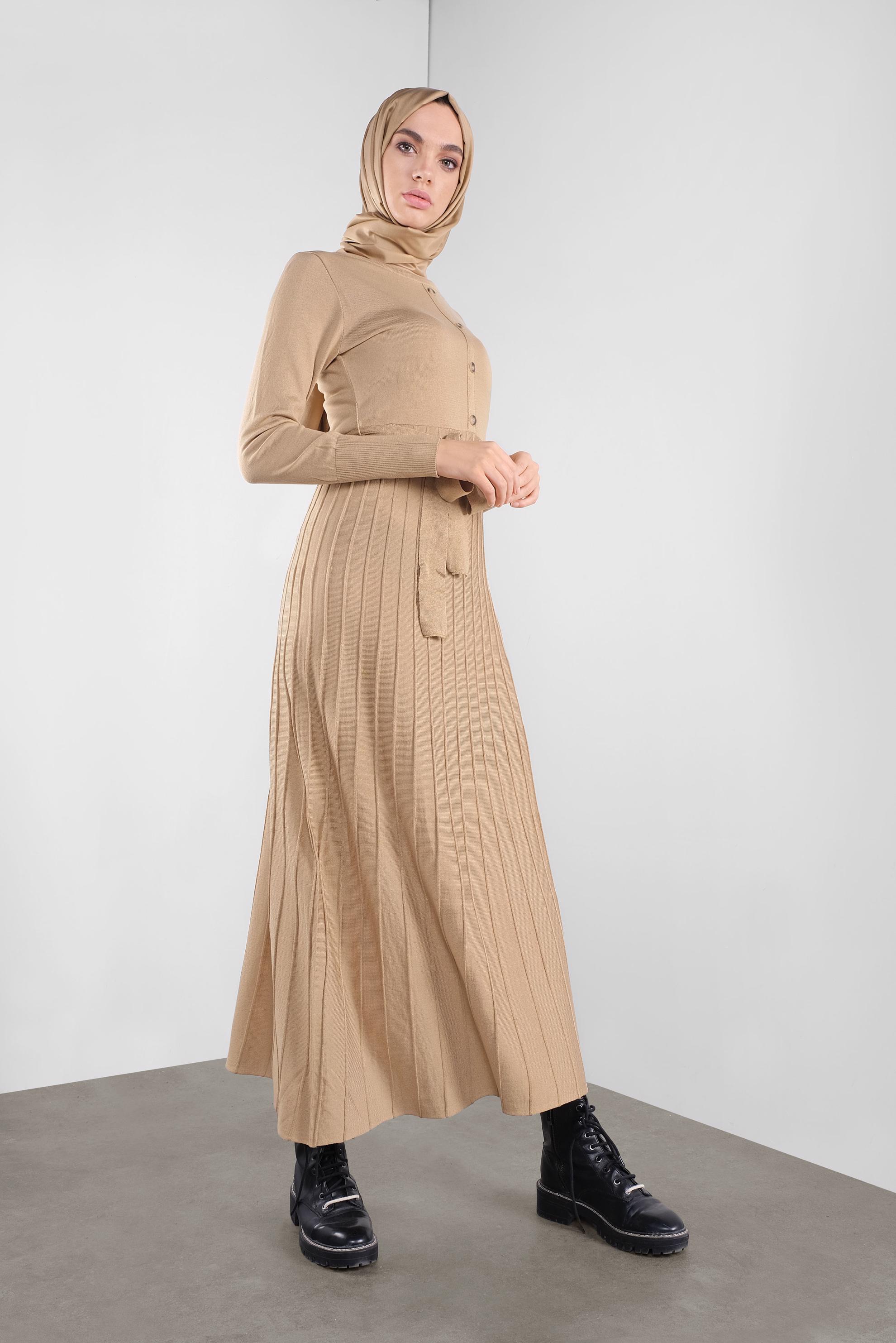 Tesettür giyim KAHVE PİLİSELİ TRİKO ELBİSE 41031