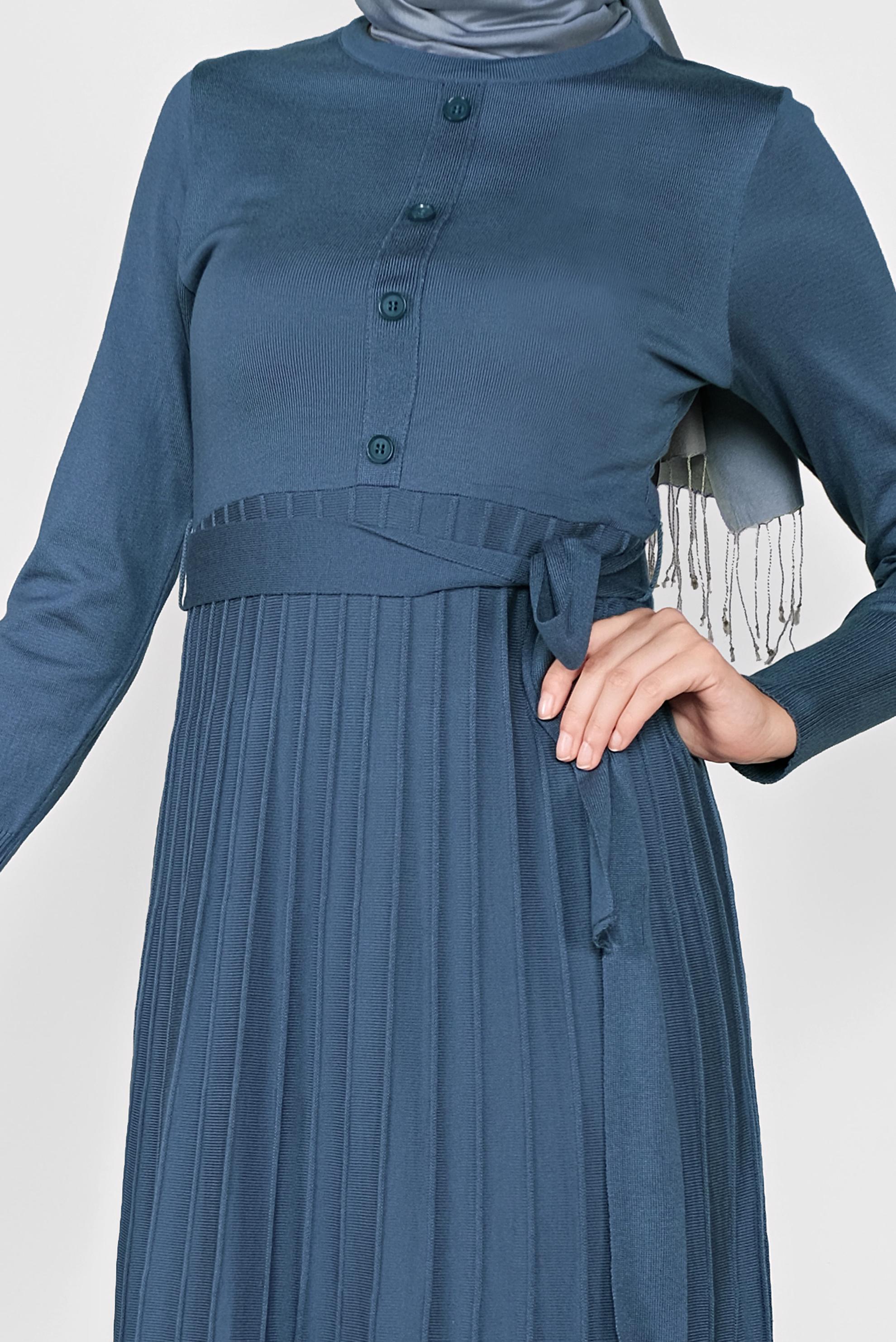 Tesettür giyim LACİVERT PİLİSELİ TRİKO ELBİSE 41031