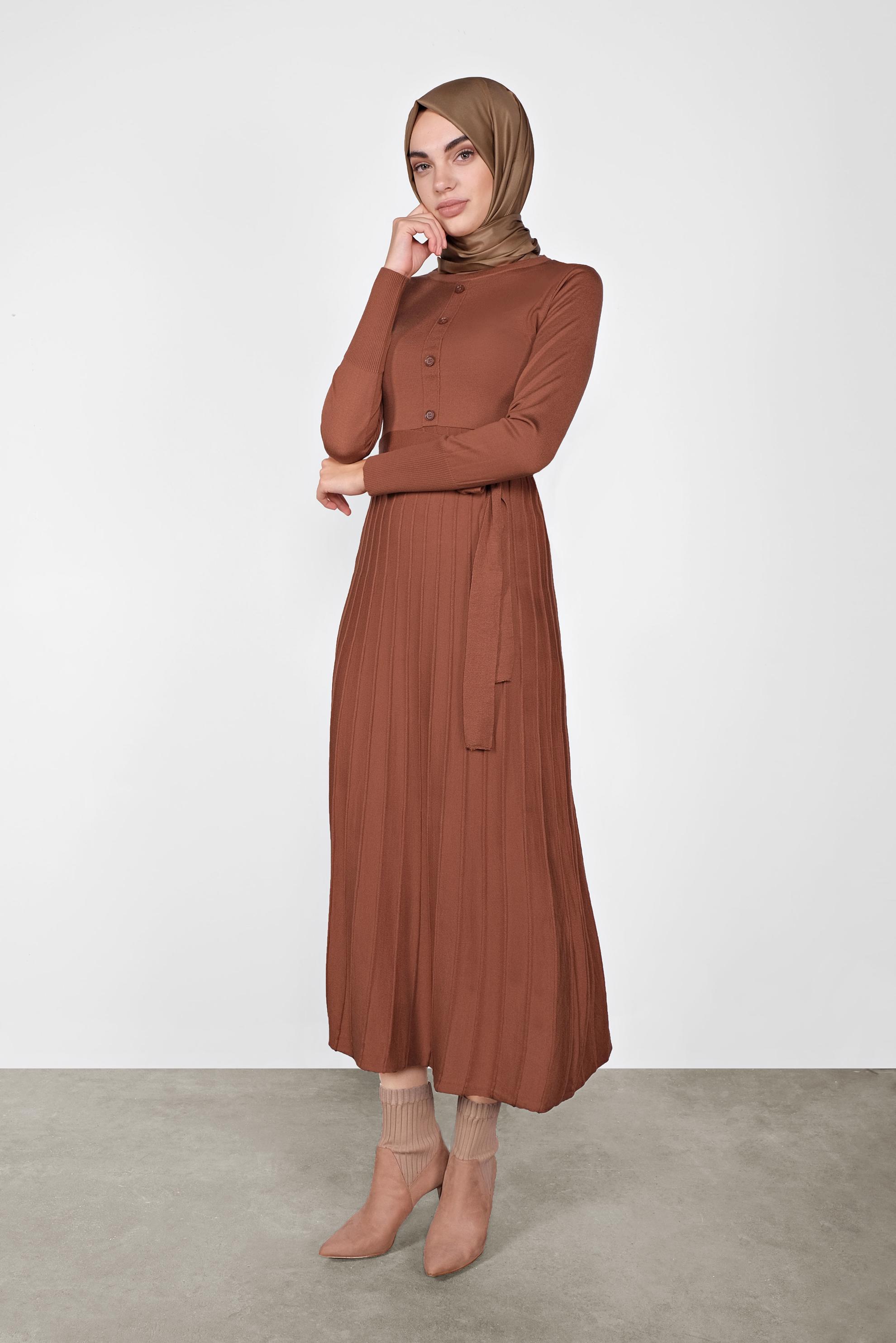 Tesettür giyim TURUNCU PİLİSELİ TRİKO ELBİSE 41031