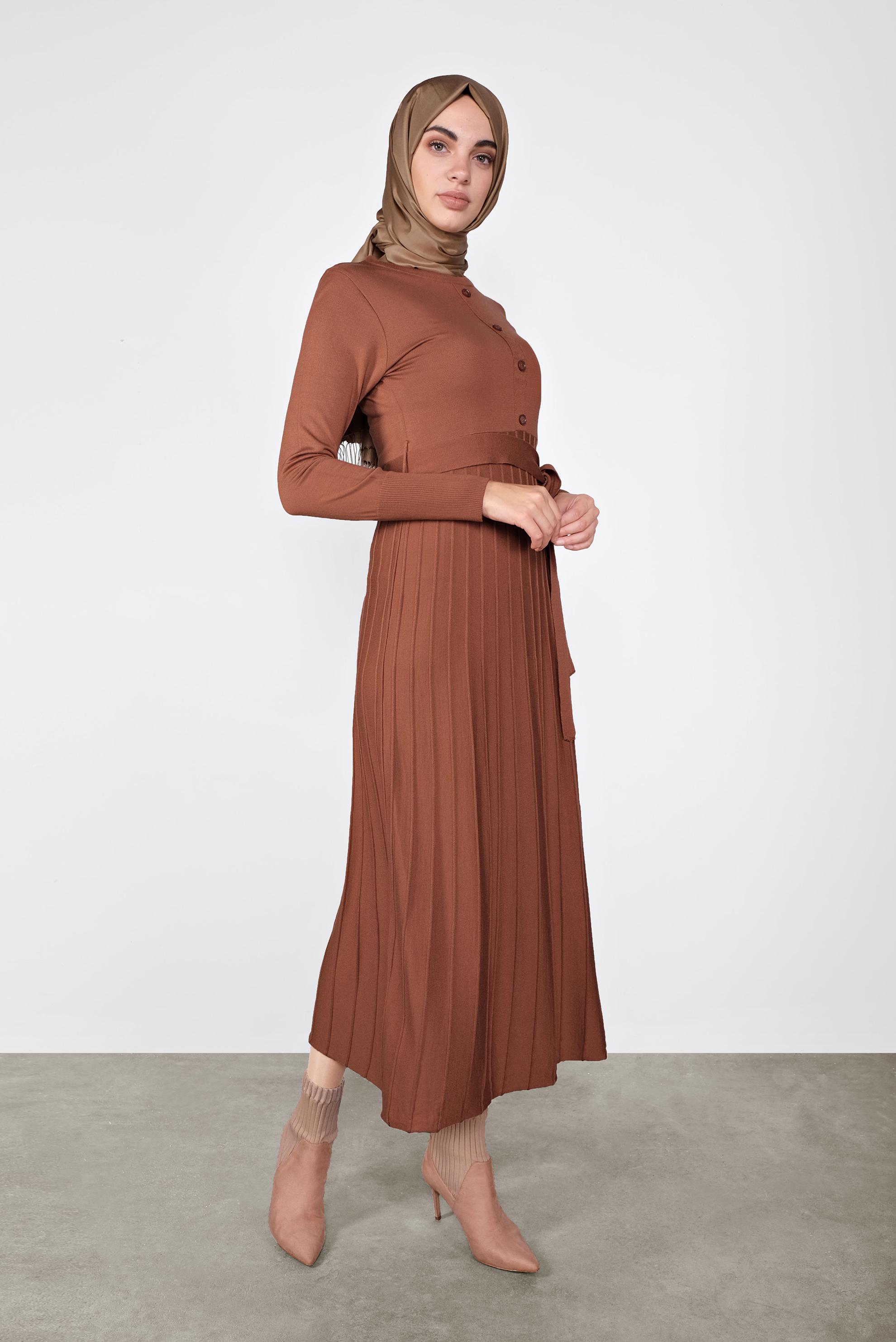 Tesettür giyim TURUNCU PİLİSELİ TRİKO ELBİSE 41031