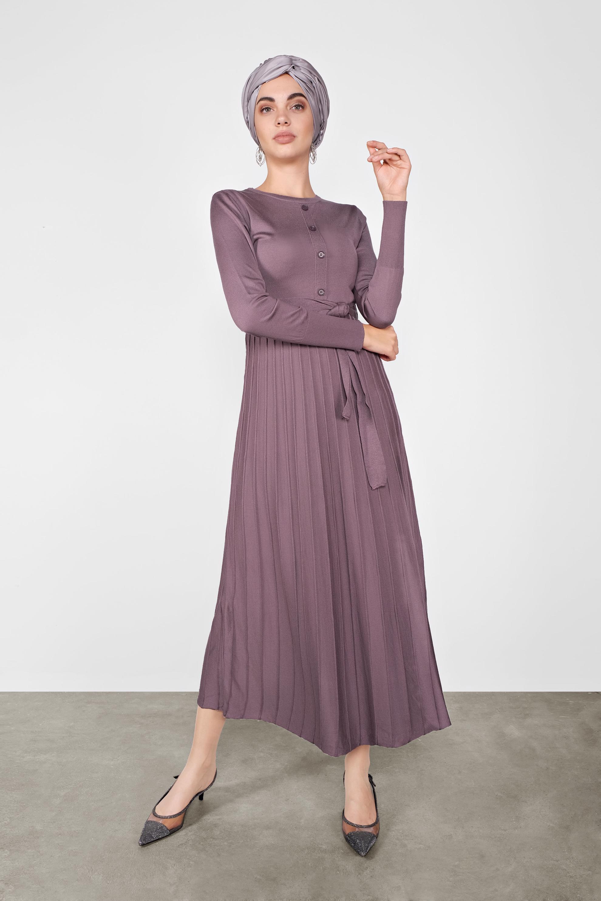 Tesettür giyim MOR PİLİSELİ TRİKO ELBİSE 41031
