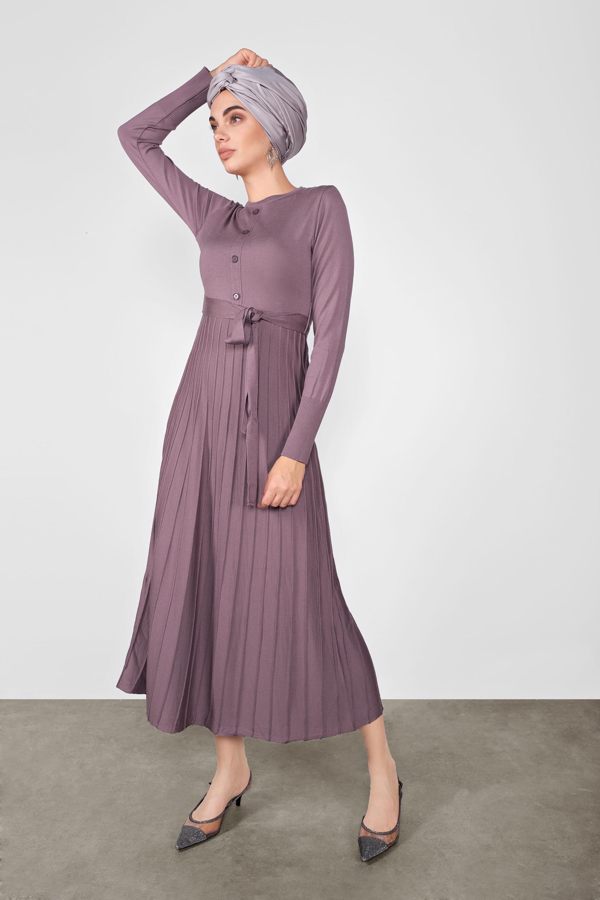 Tesettür giyim MOR PİLİSELİ TRİKO ELBİSE 41031