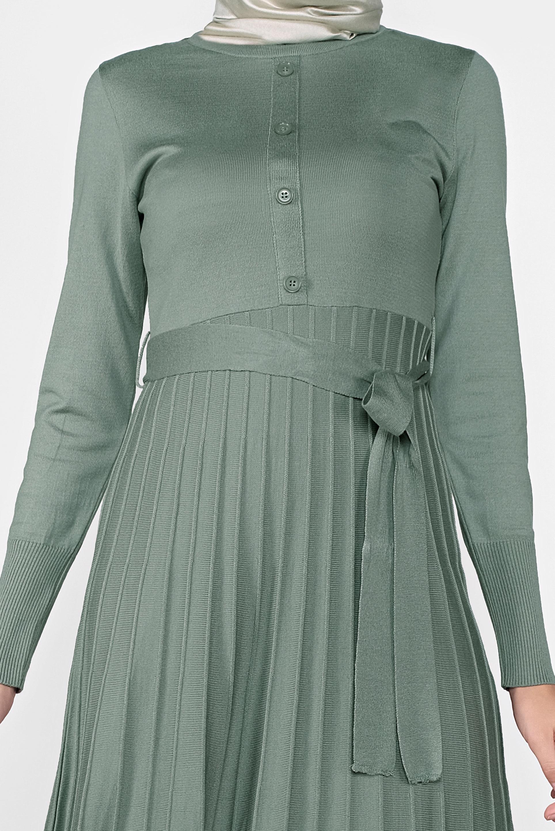 Tesettür giyim YEŞİL PİLİSELİ TRİKO ELBİSE 41031