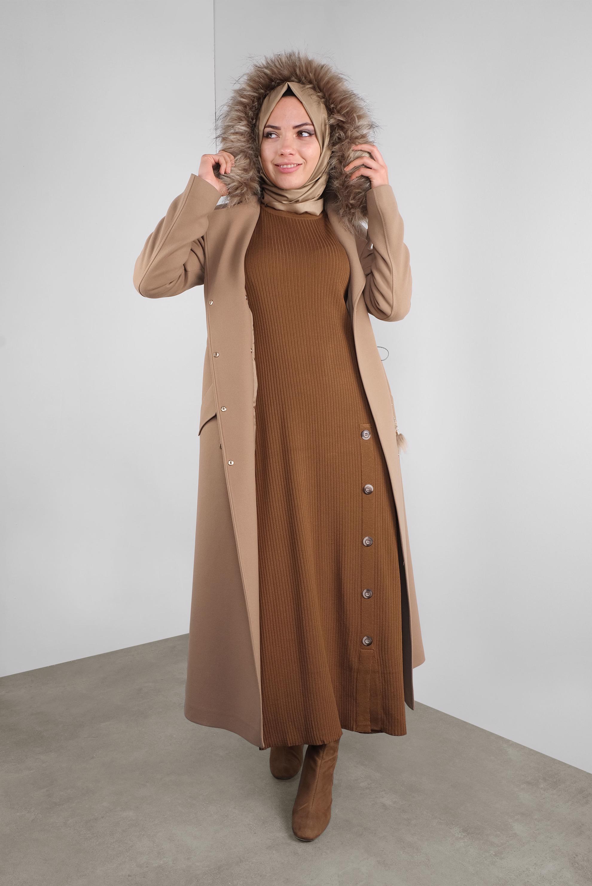 Tesettür giyim TABA DÜĞME DETAYLI TRİKO ELBİSE 41032 