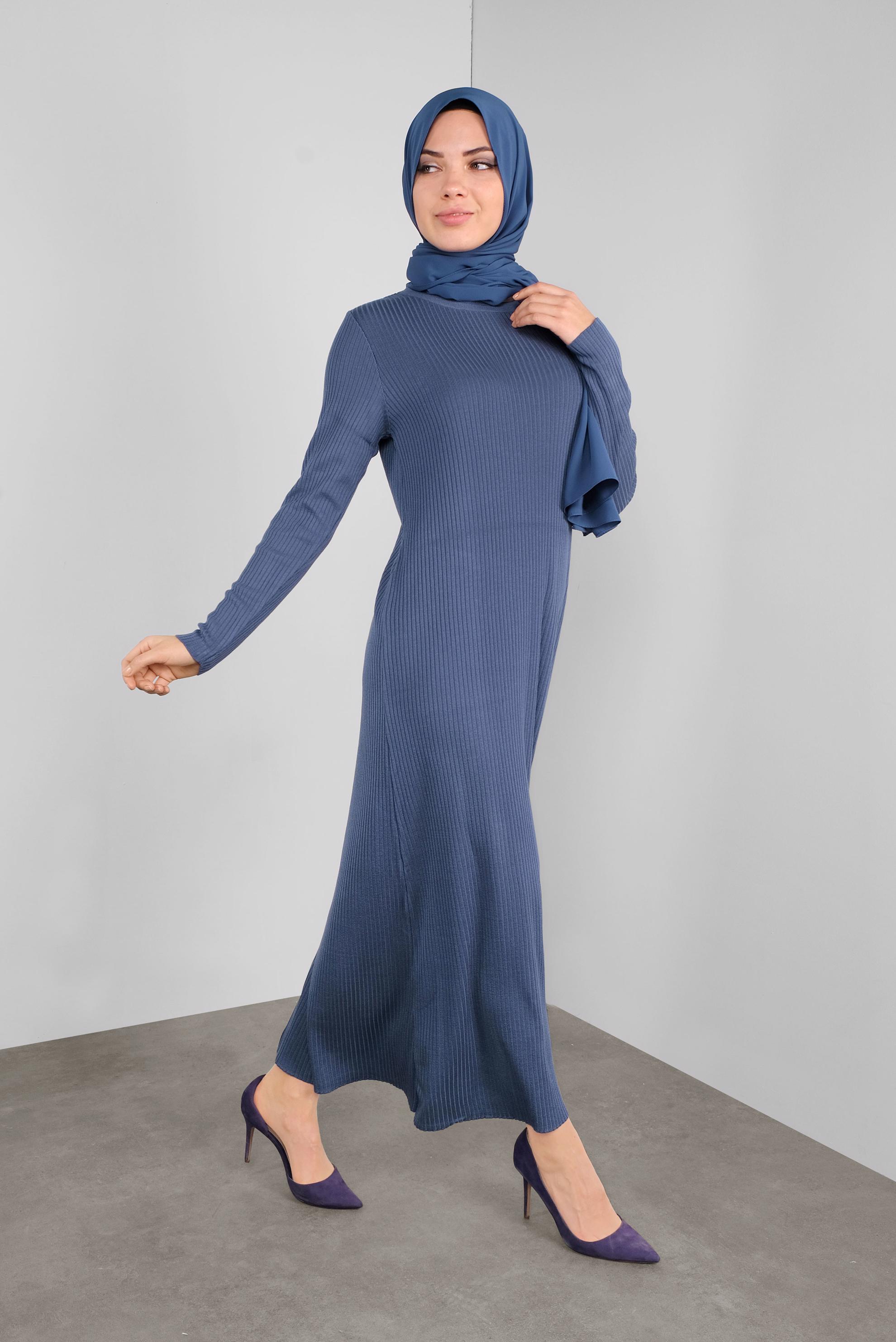 Tesettür giyim LACİVERT DÜĞME DETAYLI TRİKO ELBİSE 41032 