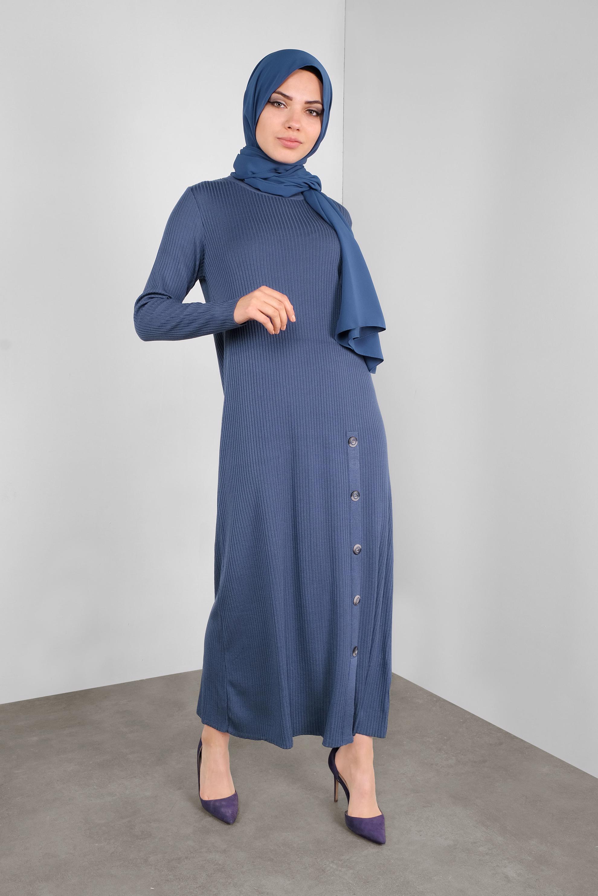 Tesettür giyim LACİVERT DÜĞME DETAYLI TRİKO ELBİSE 41032 