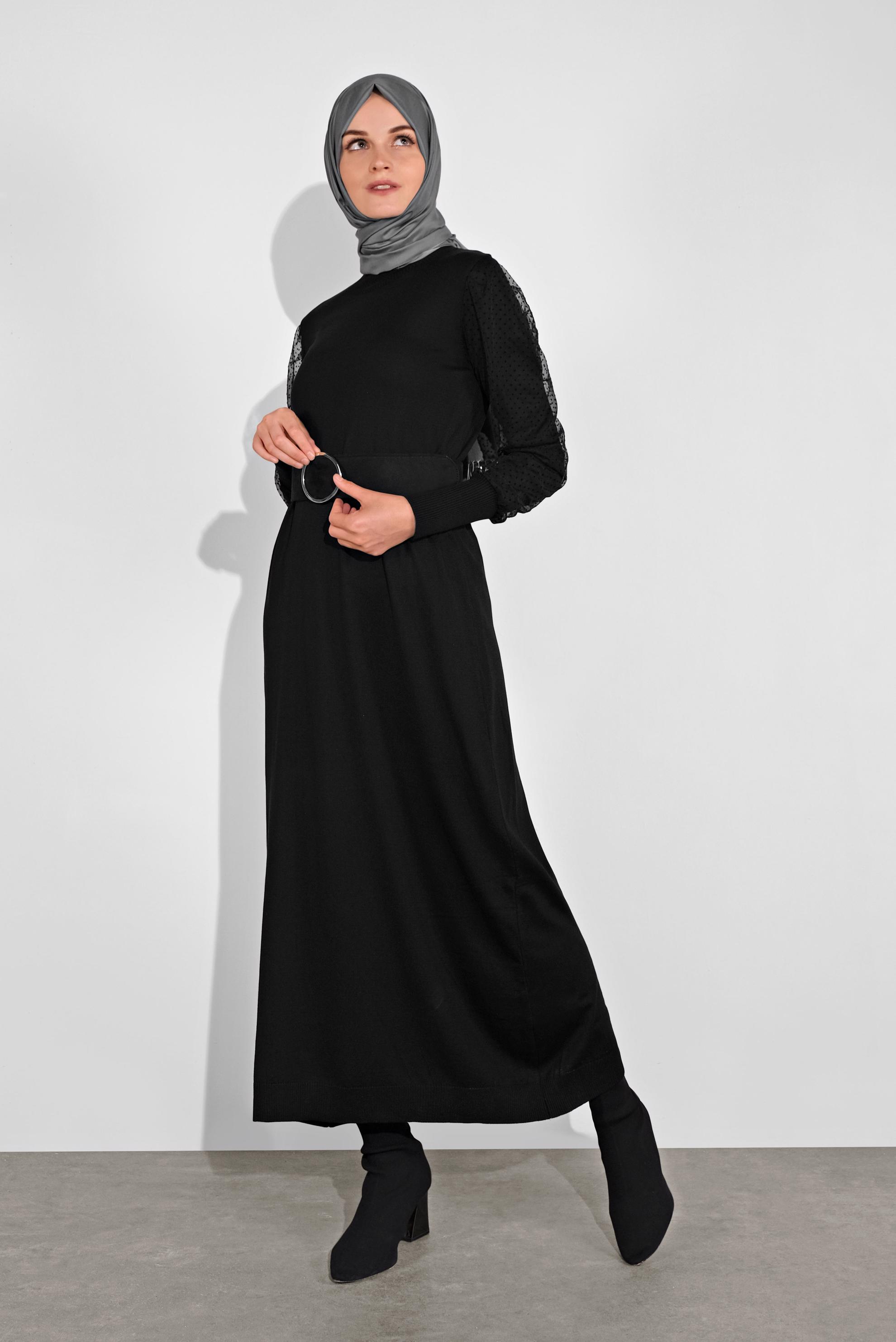 Tesettür giyim SİYAH BALON KOL TRİKO ELBİSE 41033 