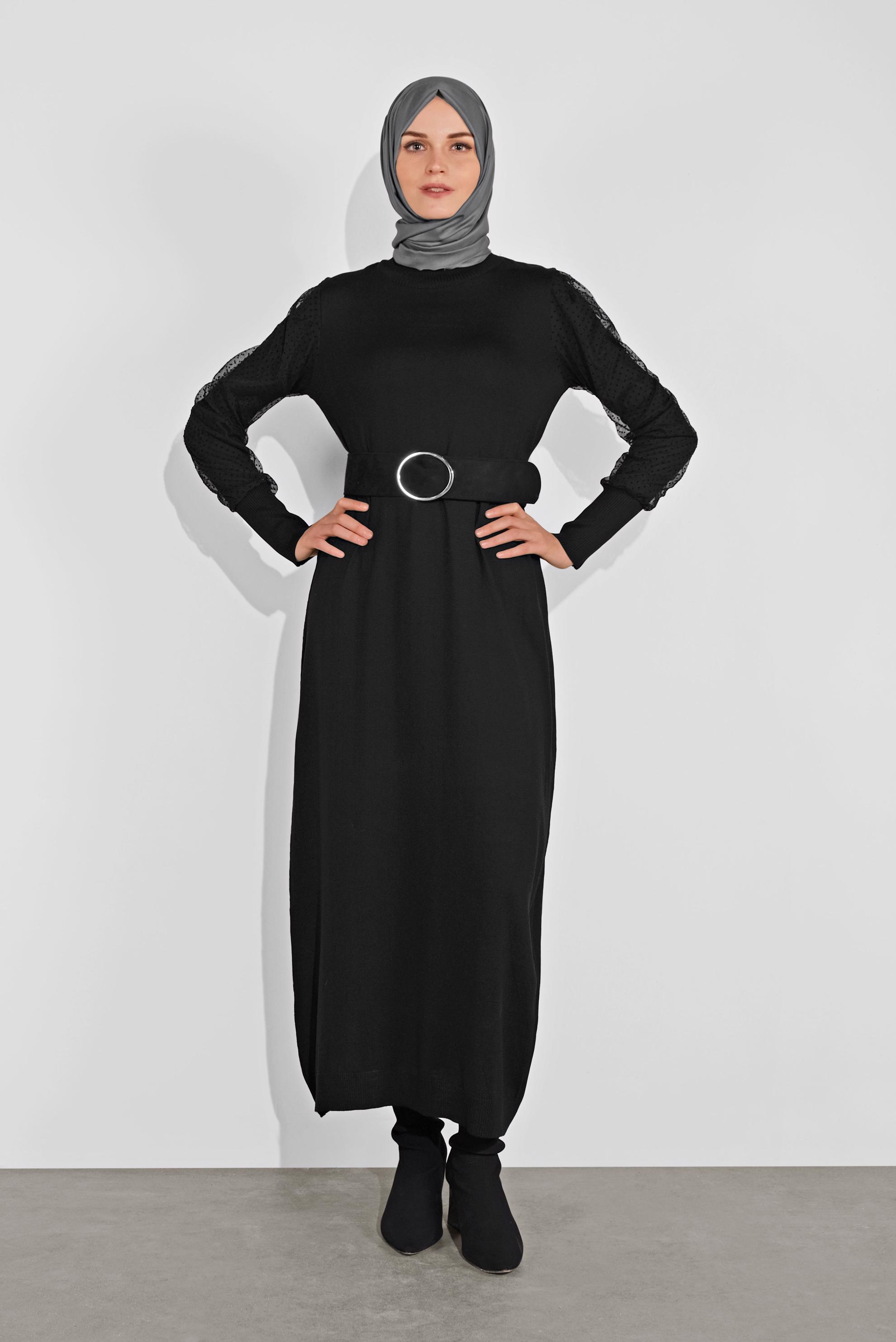 Tesettür giyim SİYAH BALON KOL TRİKO ELBİSE 41033 