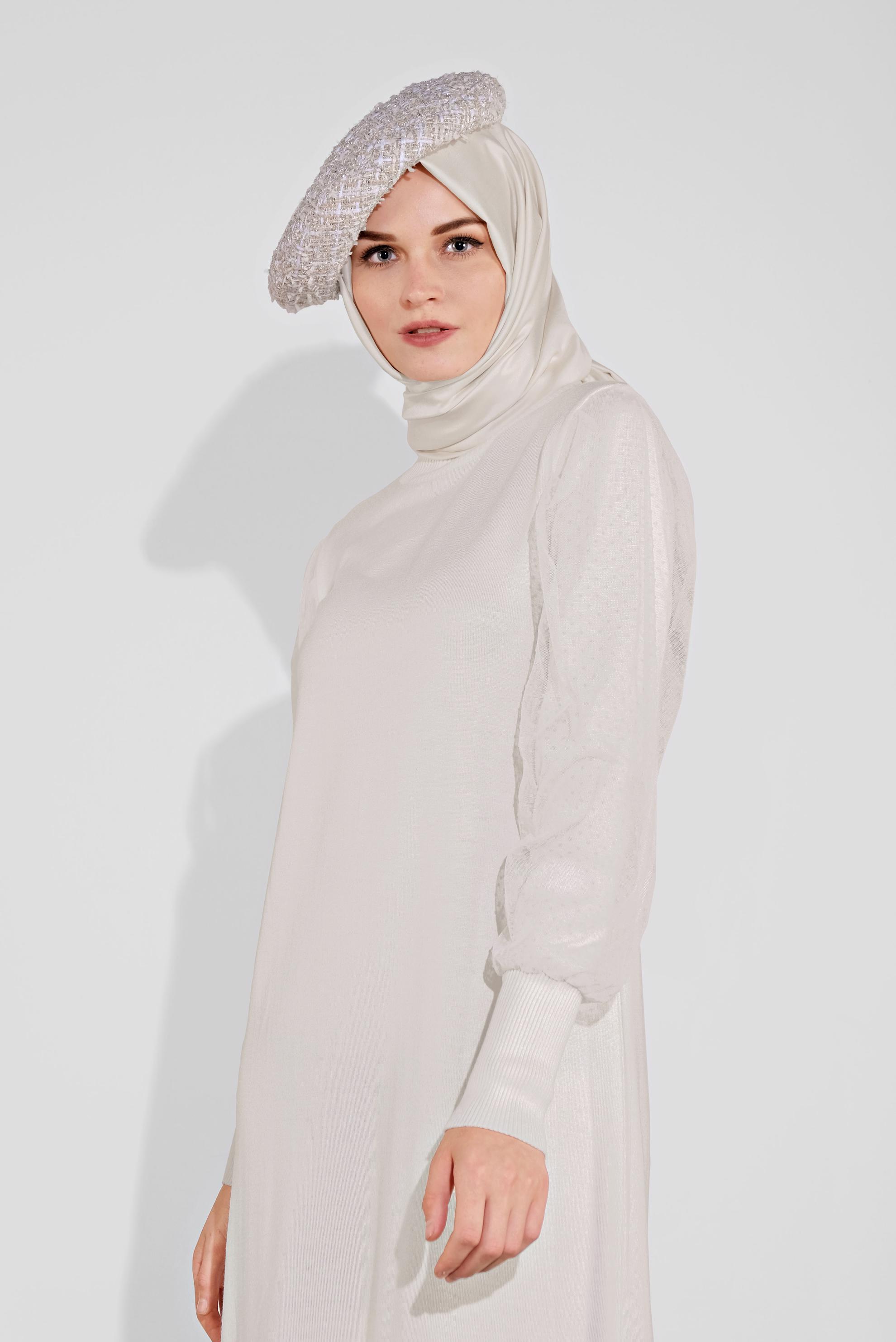 Tesettür giyim BEYAZ BALON KOL TRİKO ELBİSE 41033 