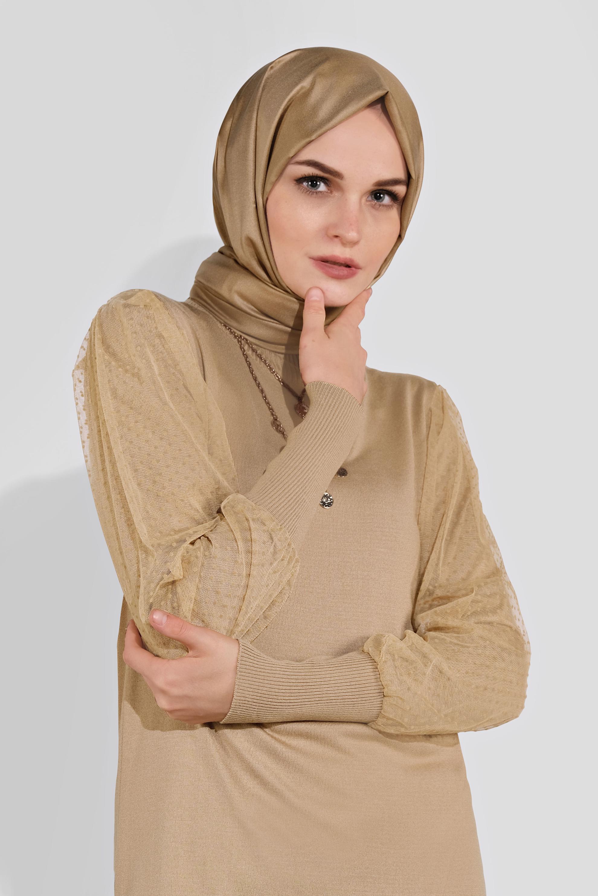 Tesettür giyim KAHVE BALON KOL TRİKO ELBİSE 41033 