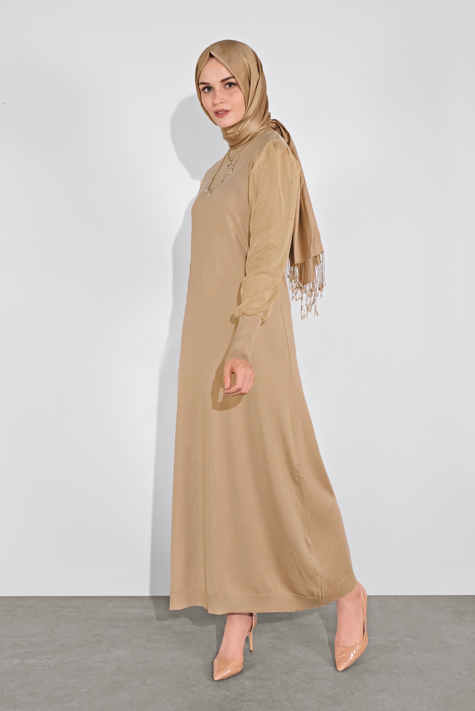 Tesettür giyim KAHVE BALON KOL TRİKO ELBİSE 41033 
