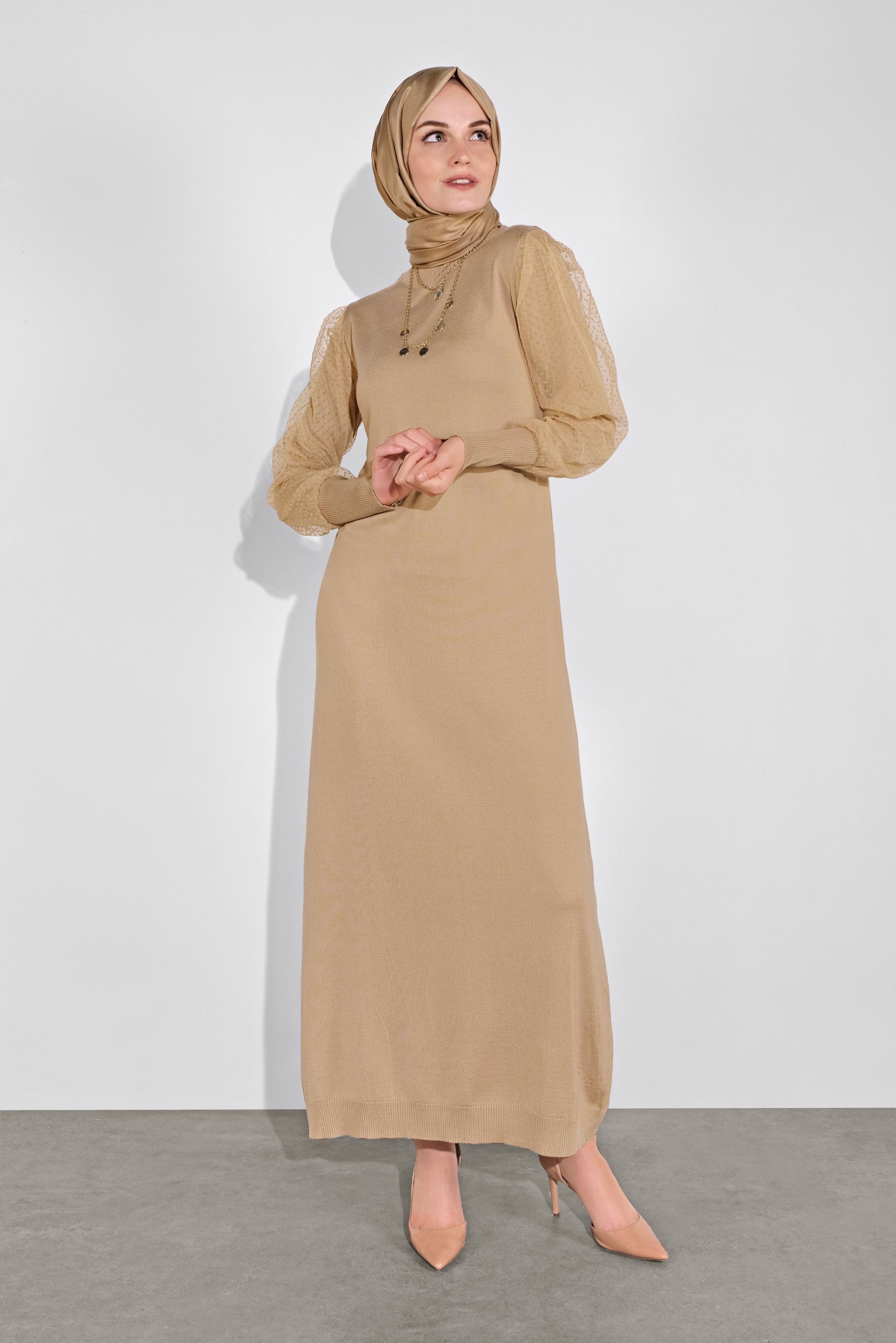 Tesettür giyim KAHVE BALON KOL TRİKO ELBİSE 41033 