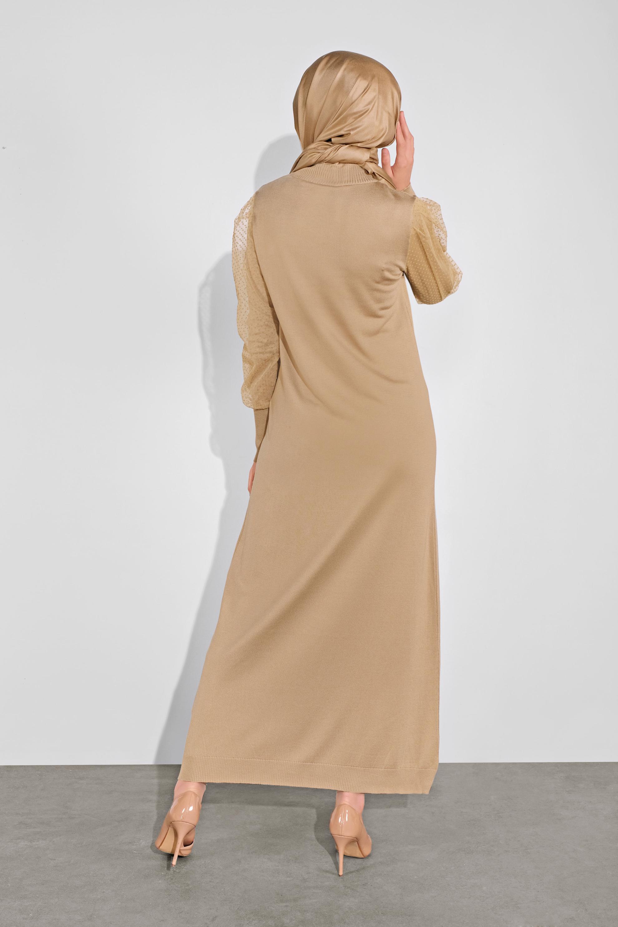 Tesettür giyim KAHVE BALON KOL TRİKO ELBİSE 41033 