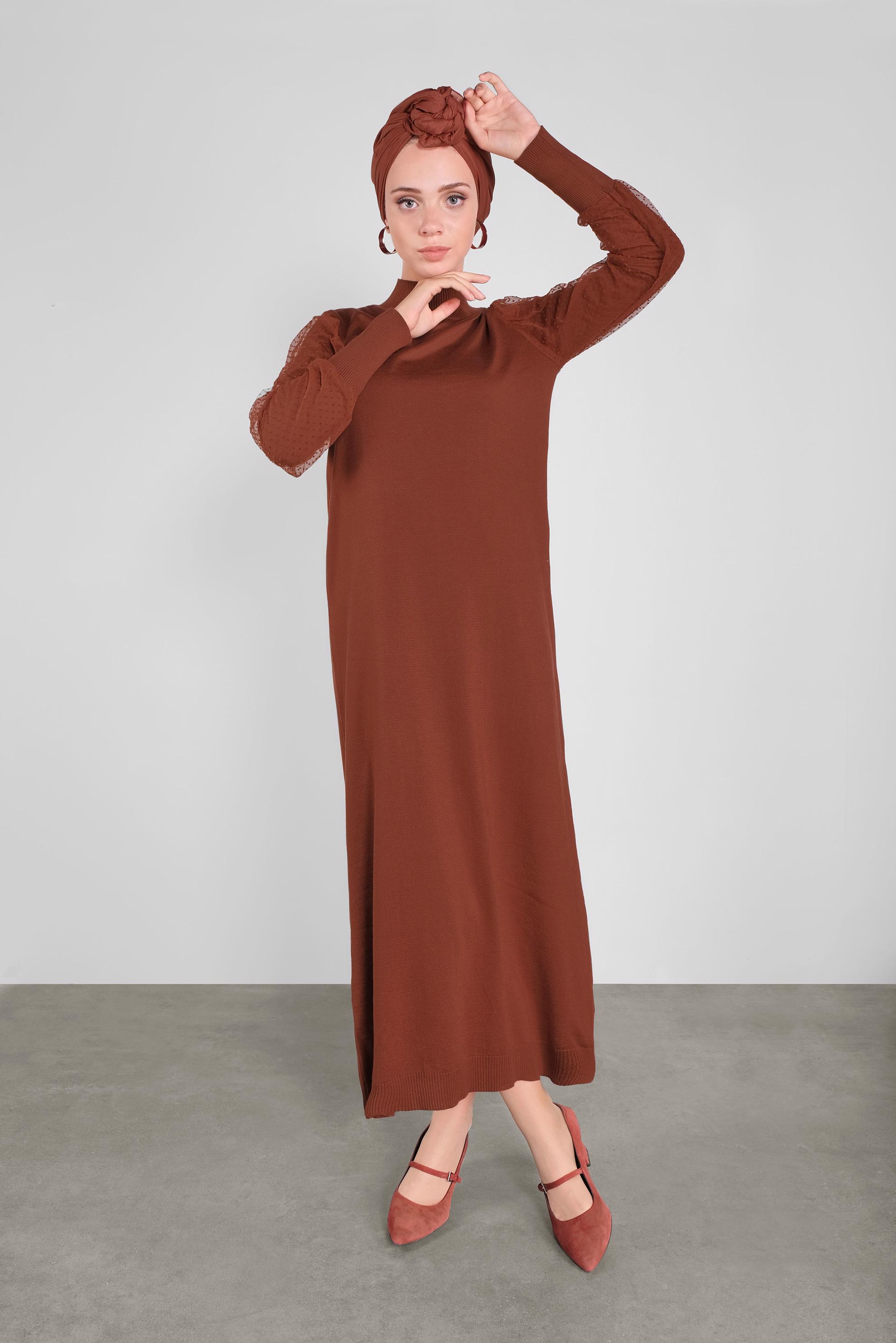 Tesettür giyim TURUNCU BALON KOL TRİKO ELBİSE 41033 