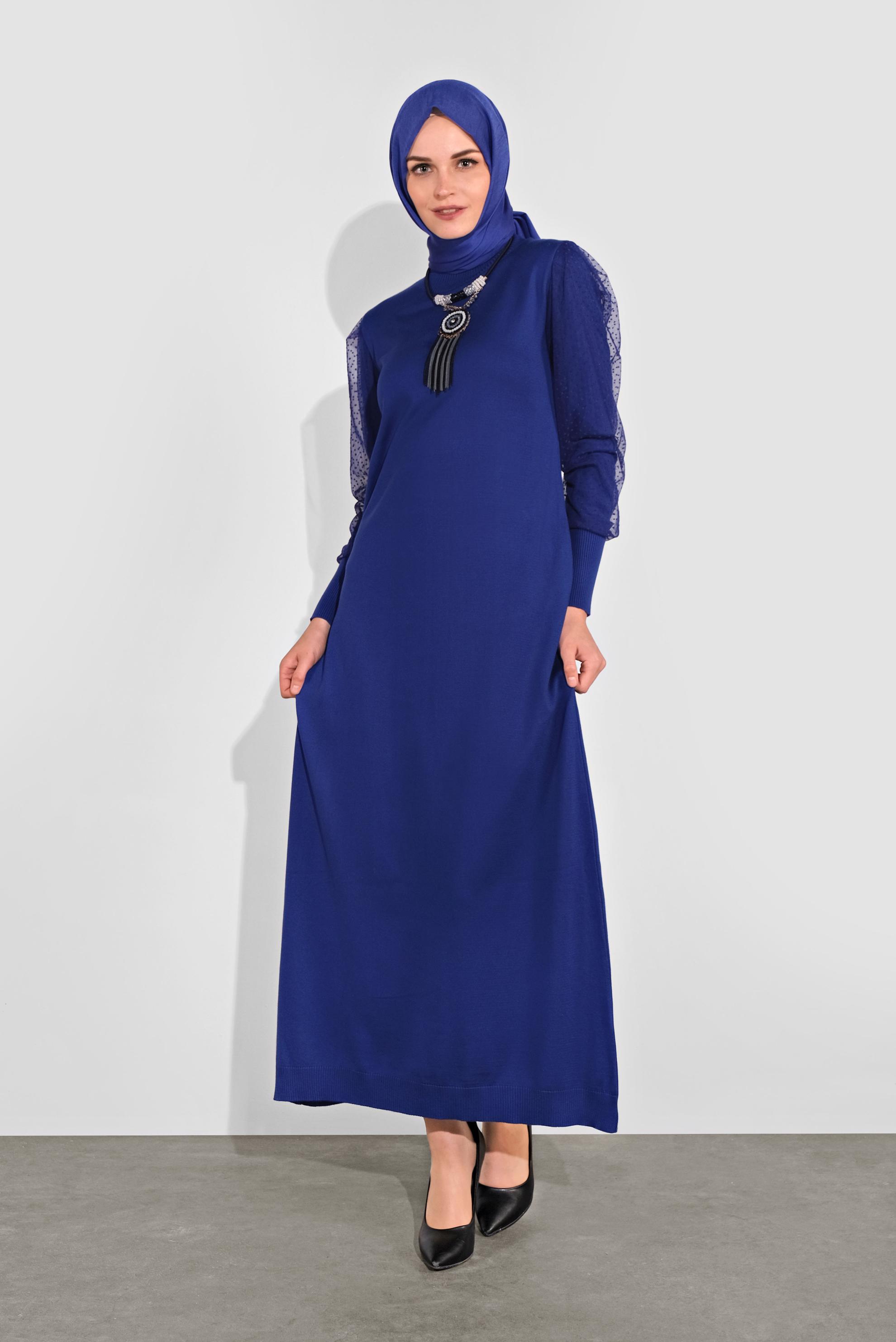 Tesettür giyim LACİVERT BALON KOL TRİKO ELBİSE 41033 